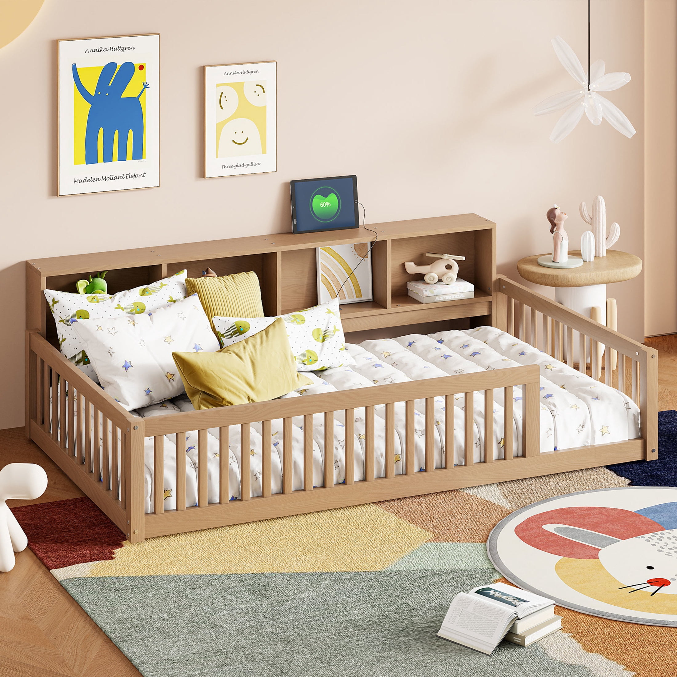 Noble House Twin XL Wood Floor Bed with Storage Cabinets and USB Charging Station, Space Saving Design, Brown