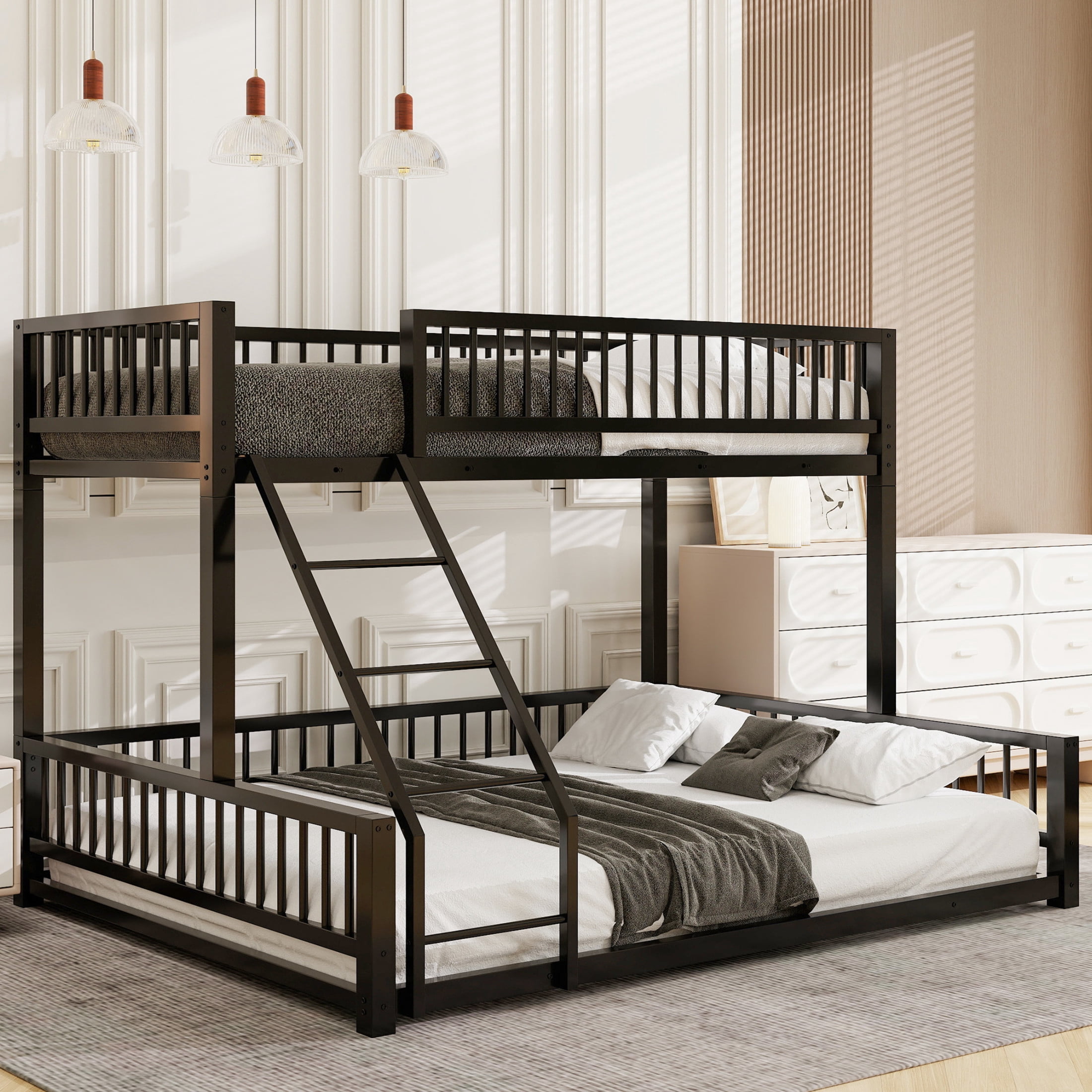 Noble House Twin XL over Queen Bunk Bed, Heavy Duty Metal Frame with Integrated Ladder and Safety Guardrails, Black