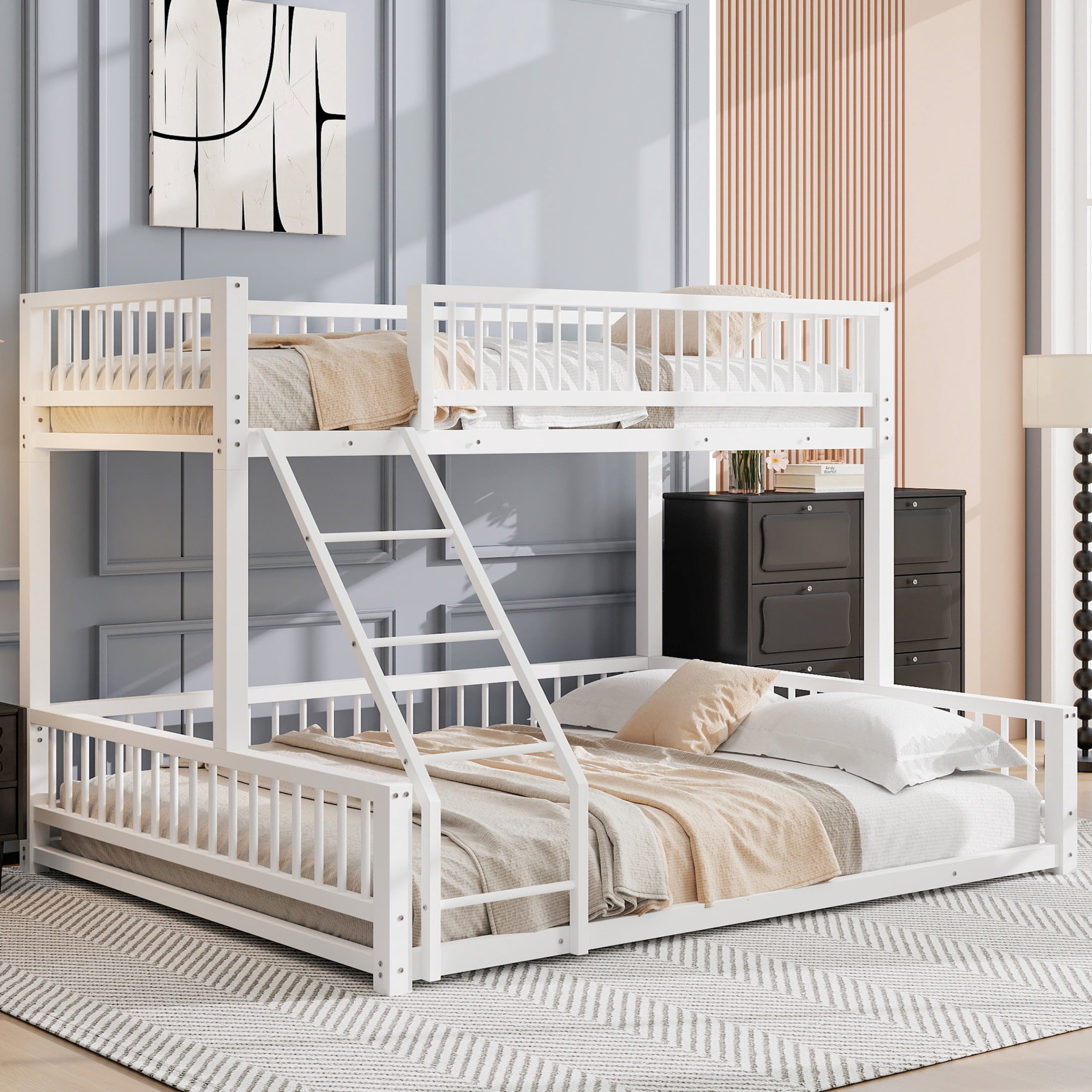 Noble House Twin XL over Queen Bunk Bed, Heavy Duty Metal Frame with Integrated Ladder and Safety Guardrails, White