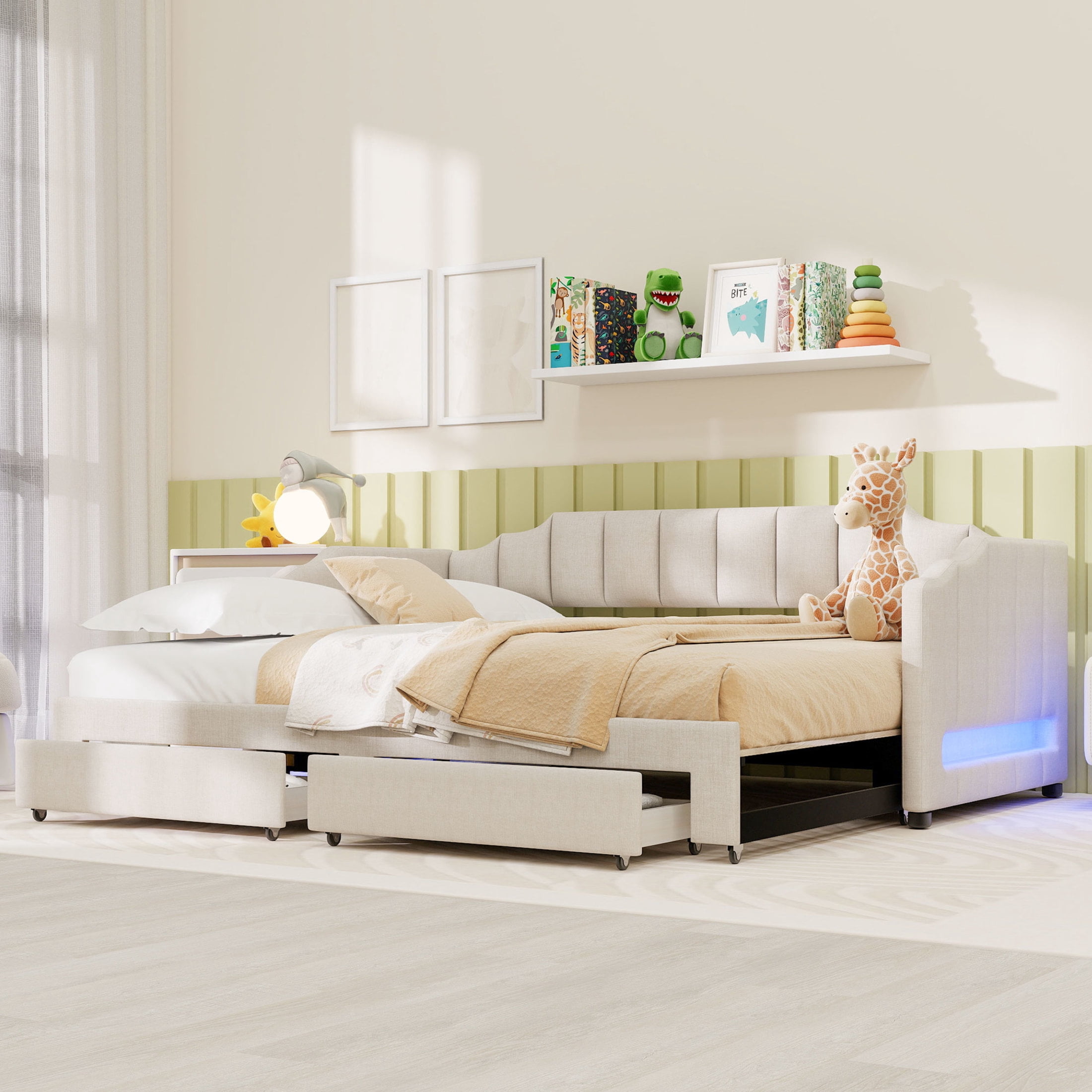Noble House Twin XL to King Extendable Daybed with LED Light and Storage Drawers, Linen Upholstered, Beige