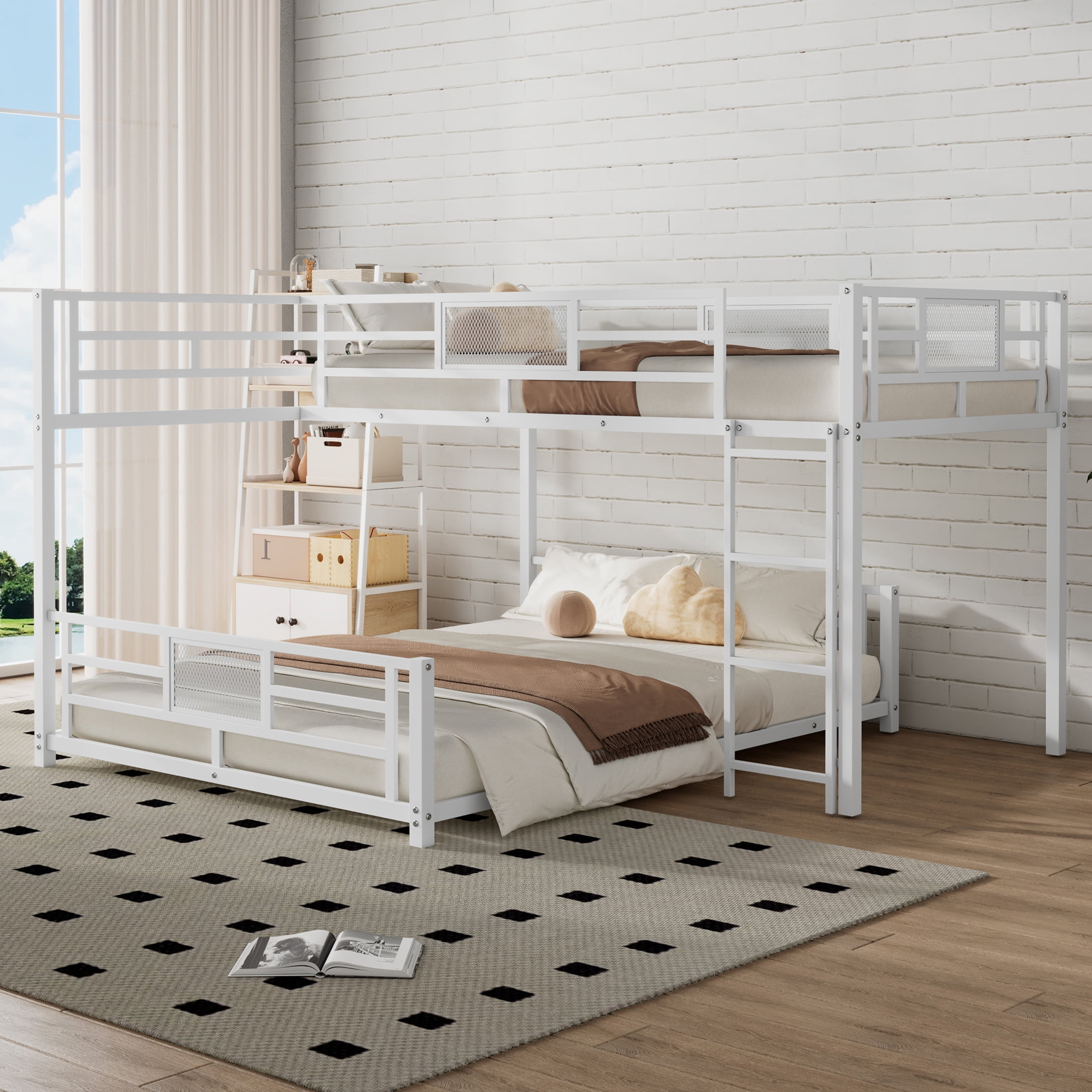 Noble House Twin over Full L-Shaped Bunk Bed, Space-Saving Metal Frame with Guardrails, Space Saving, White