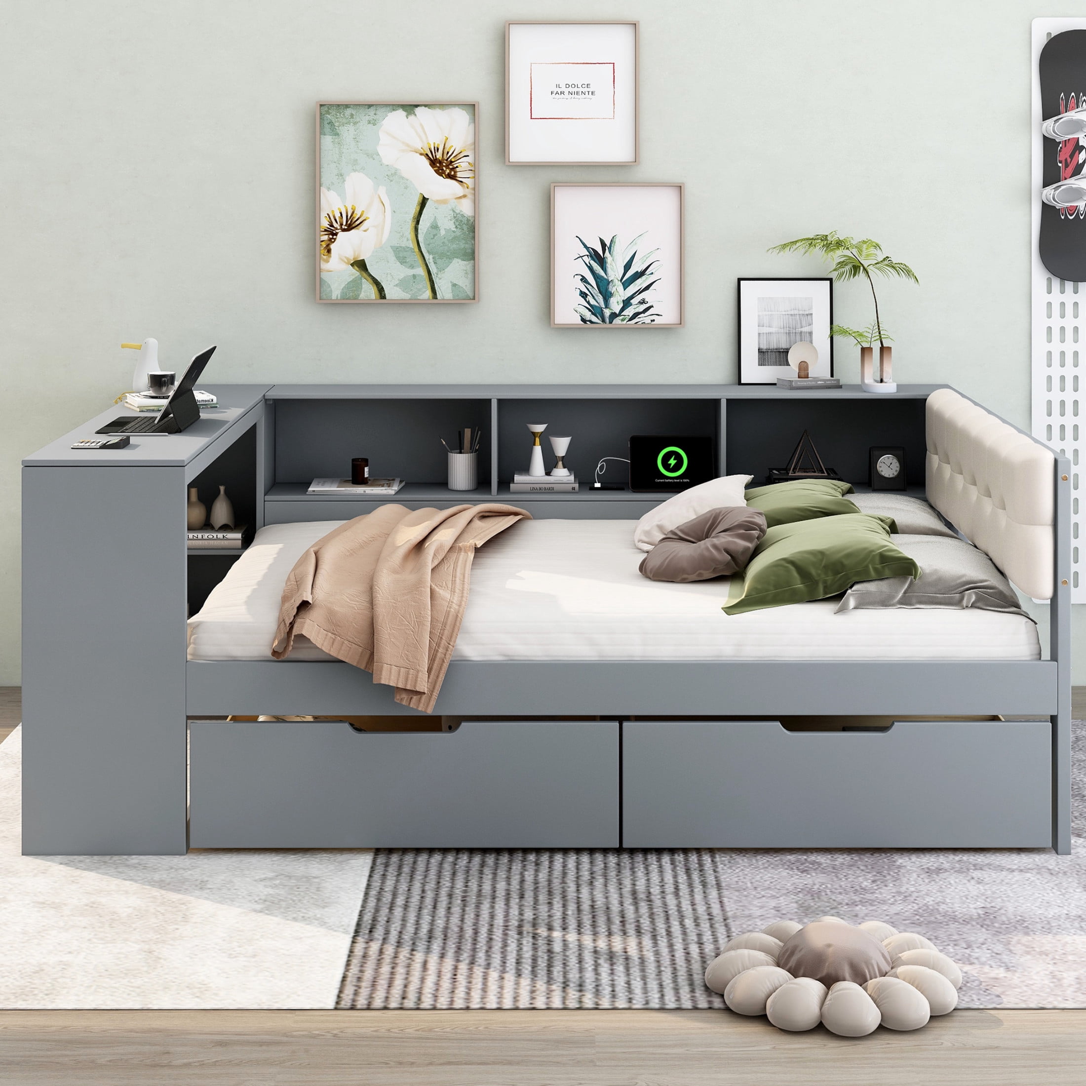 Noble House Udolf Full Platform Bed with Upholstered Headboard, Storage Shelves and Drawers, Charging Station, Gray