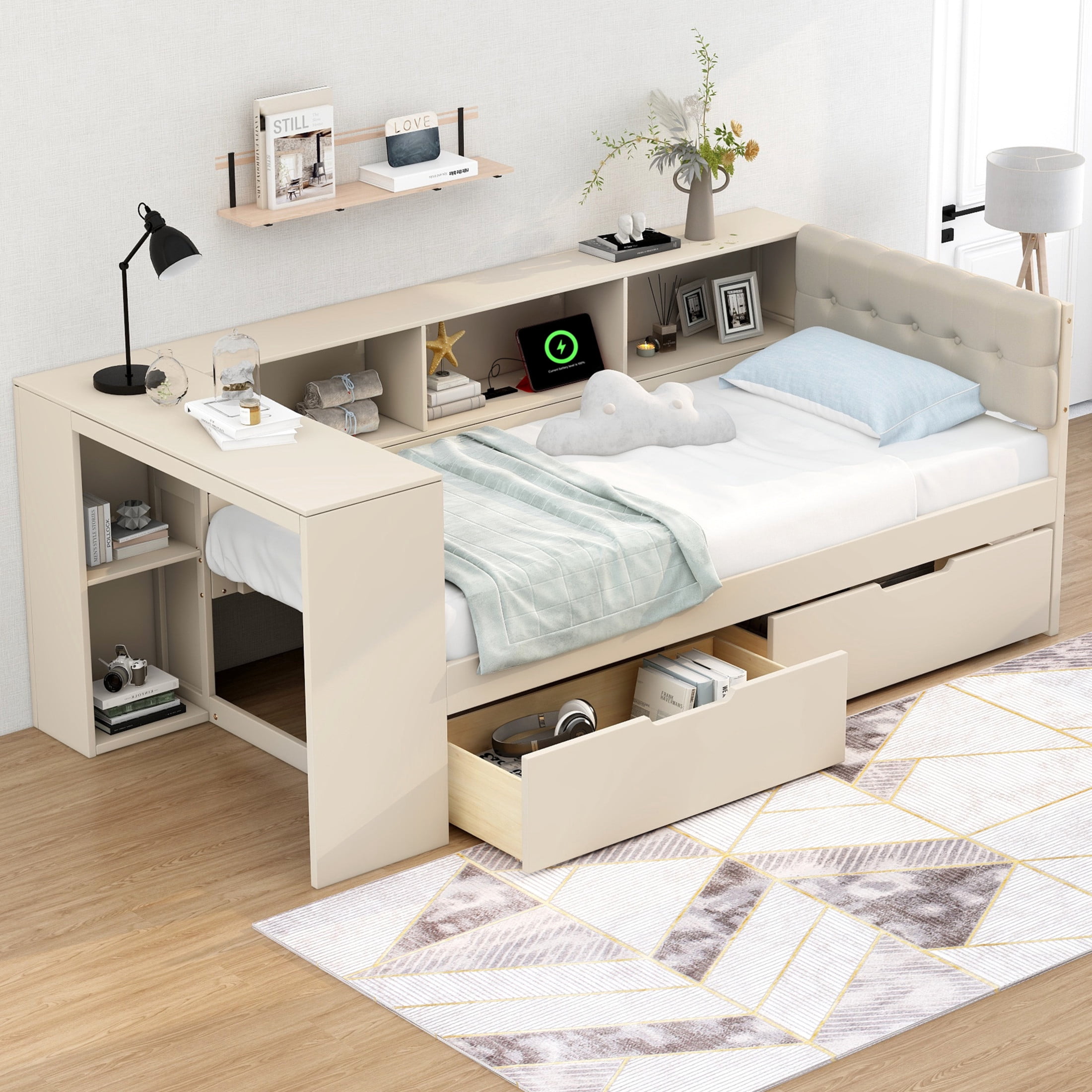 Noble House Udolf Twin Platform Bed with Upholstered Headboard, Storage Shelves and Drawers, Charging Station, Cream