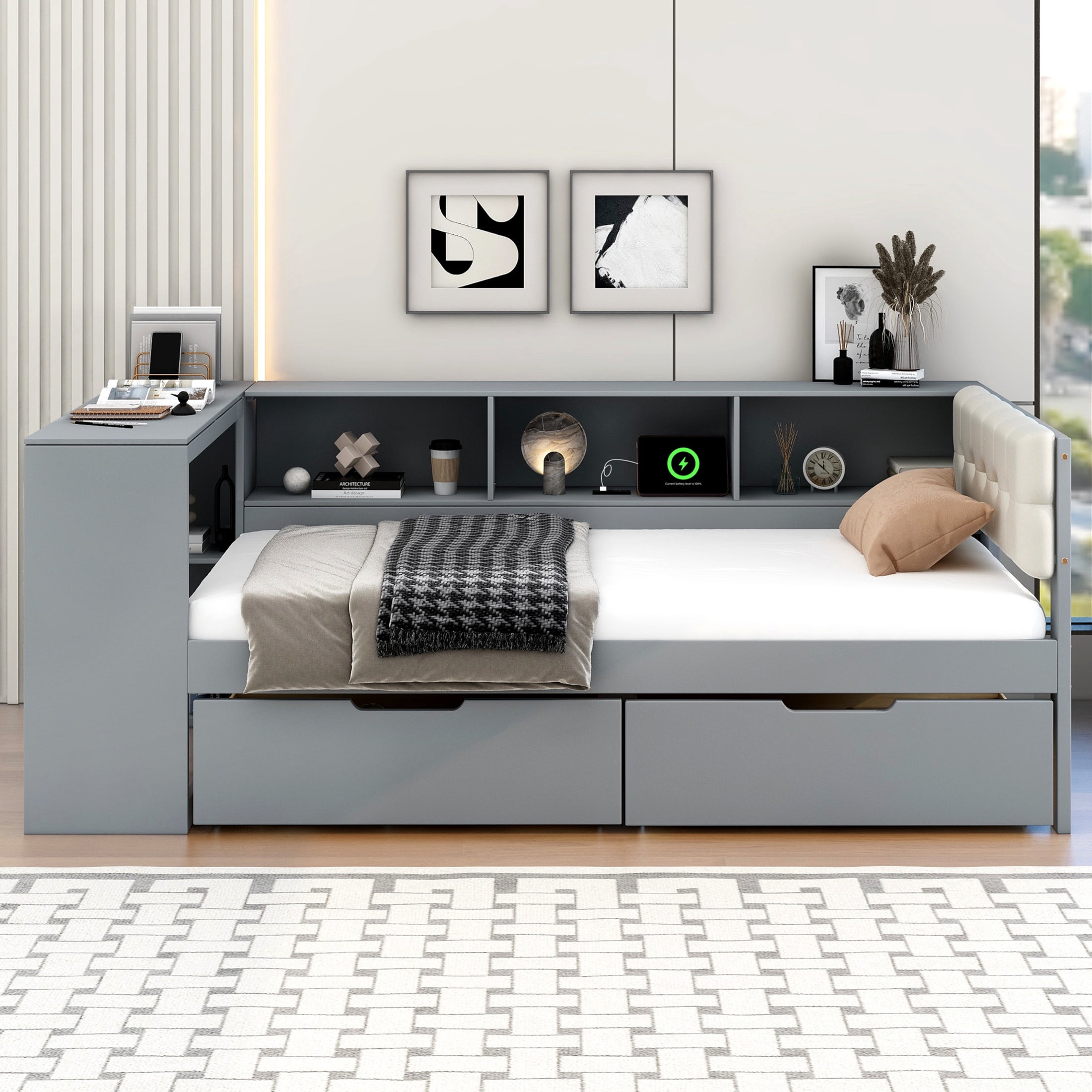 Noble House Udolf Twin Platform Bed with Upholstered Headboard, Storage Shelves and Drawers, Charging Station, Gray