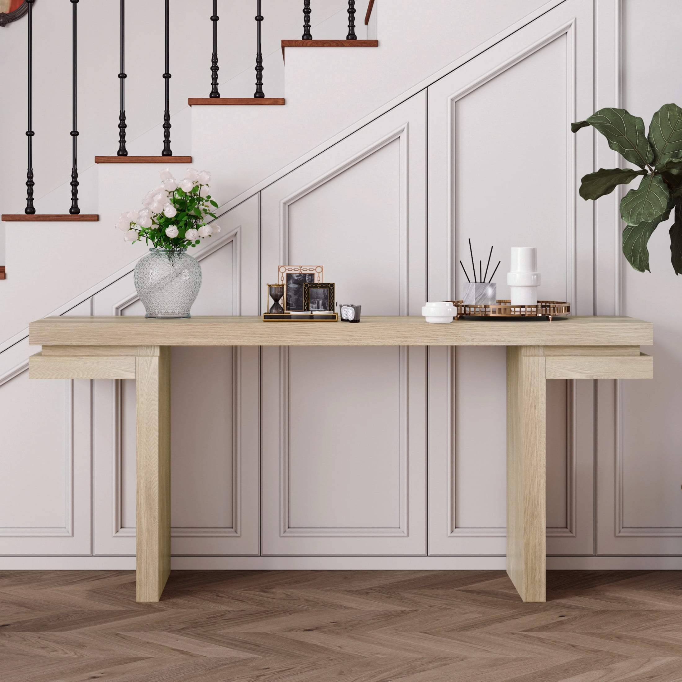 Noble House Ulsten Wooden Sofa Console Table in Oak, Minimalist Design for Entryway, Hallway, or Living Room