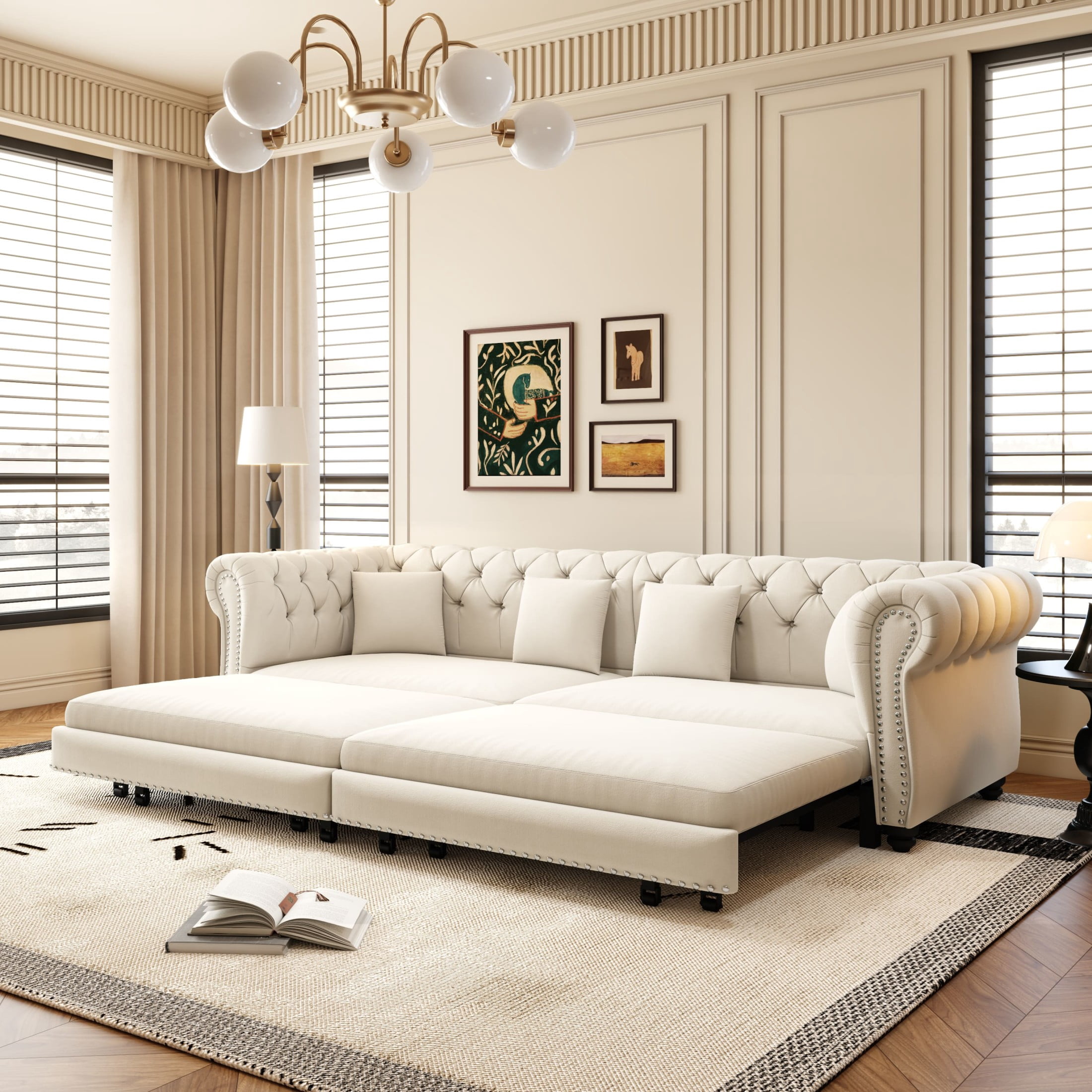 Noble House Ulwick Velvet Chesterfield Pull-Out Sofa Bed, 3-in-1 Convertible Sleeper Couch with Movable Ottoman, Beige White