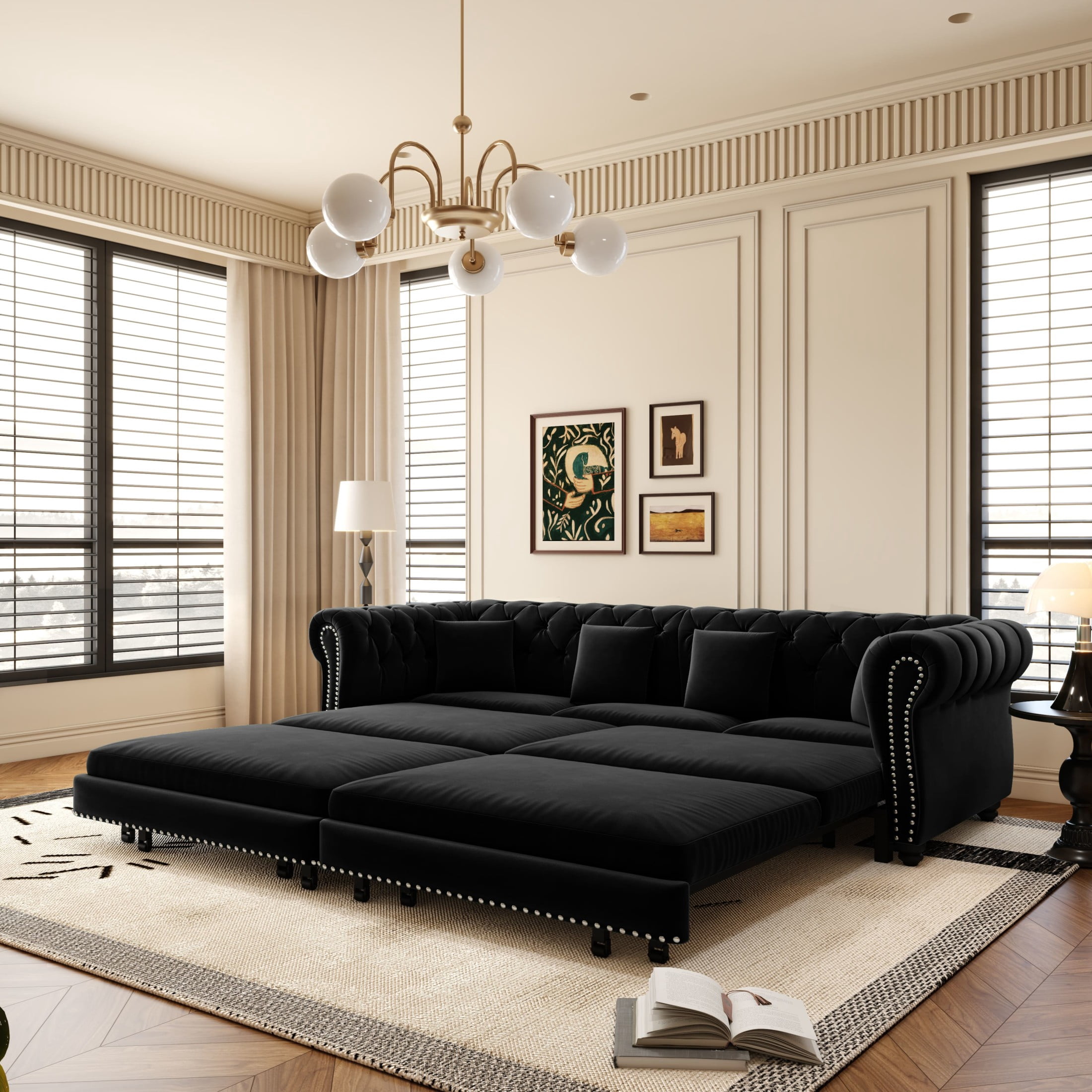 Noble House Ulwick Velvet Chesterfield Pull-Out Sofa Bed, 3-in-1 Convertible Sleeper Couch with Movable Ottoman, Black