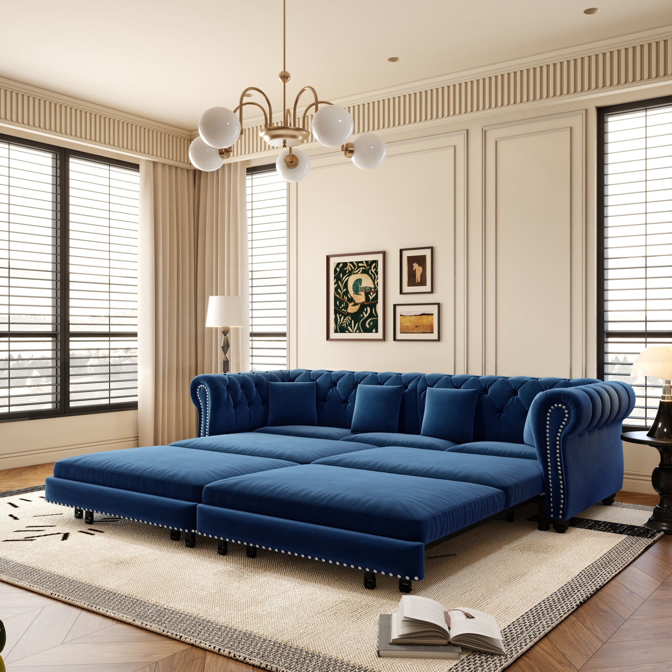 Noble House Ulwick Velvet Chesterfield Pull-Out Sofa Bed, 3-in-1 Convertible Sleeper Couch with Movable Ottoman, Blue