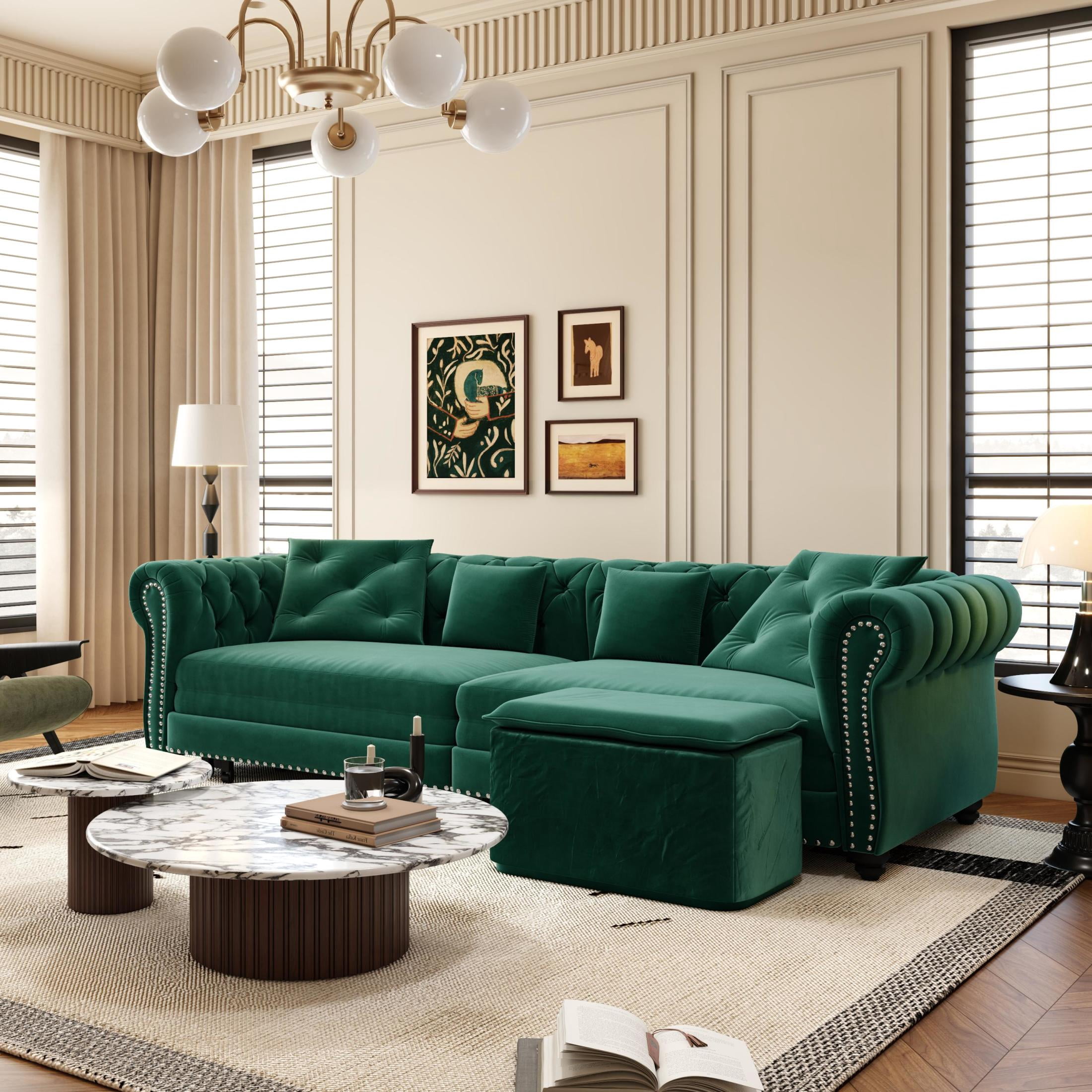 Noble House Ulwick Velvet Chesterfield Pull-Out Sofa Bed, 3-in-1 Convertible Sleeper Couch with Movable Ottoman, Green