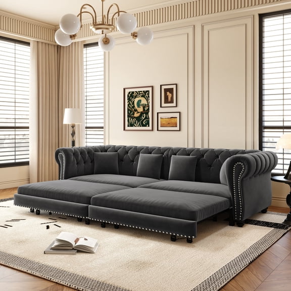 Noble House Ulwick Velvet Chesterfield Pull-Out Sofa Bed, 3-in-1 Convertible Sleeper Couch with Movable Ottoman, Grey