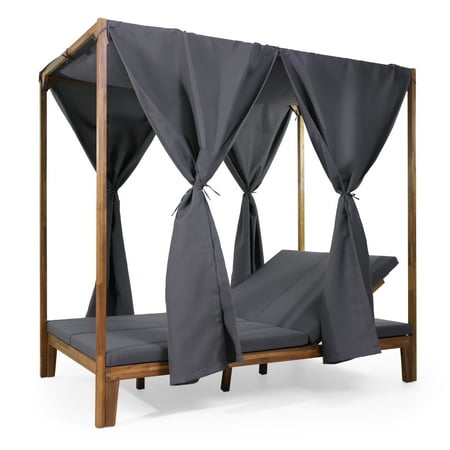 Noble House Upholstered Adjustable Daybed with Curtains, Teak/Dark Gray