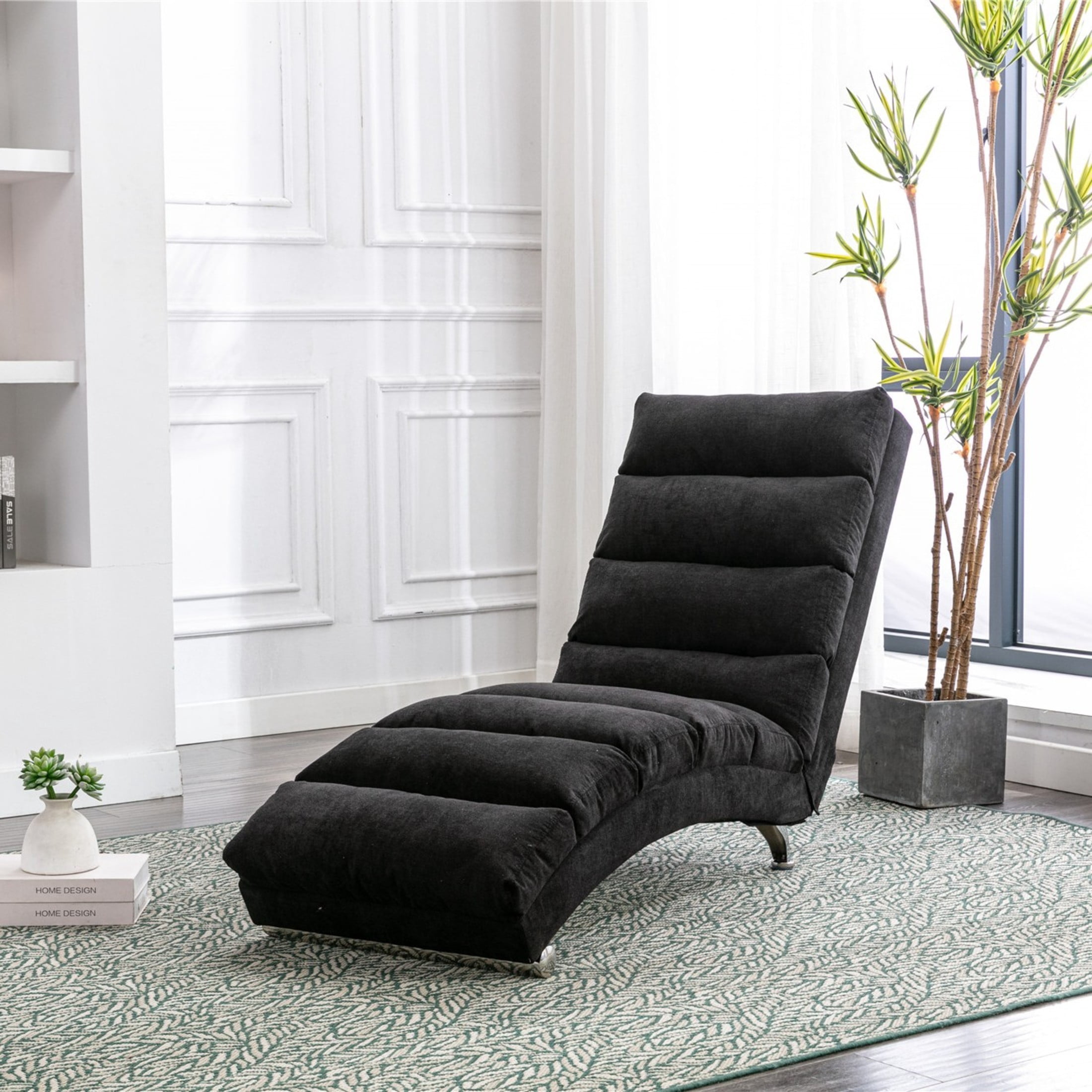 Noble House Upholstered Chaise Lounge Chair with Vibration, Linen Fabric Leisure Recliner, Black