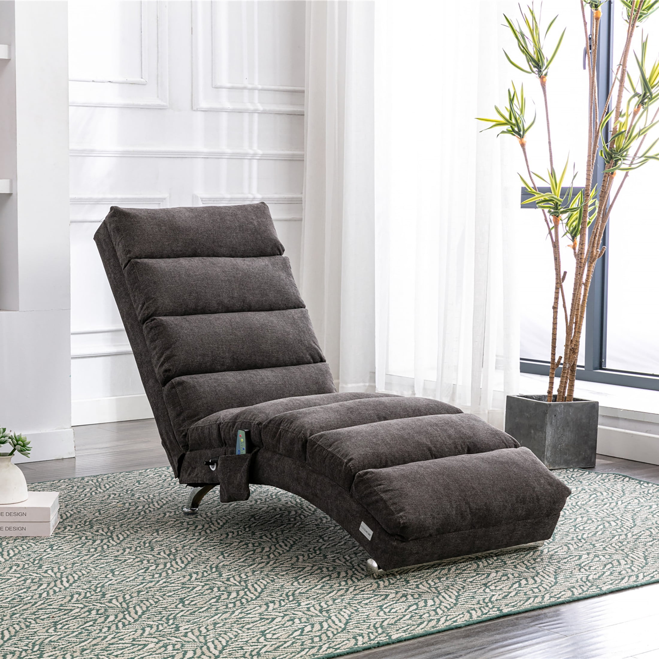 Noble House Upholstered Chaise Lounge Chair with Vibration, Linen Fabric Leisure Recliner, Dark Gray