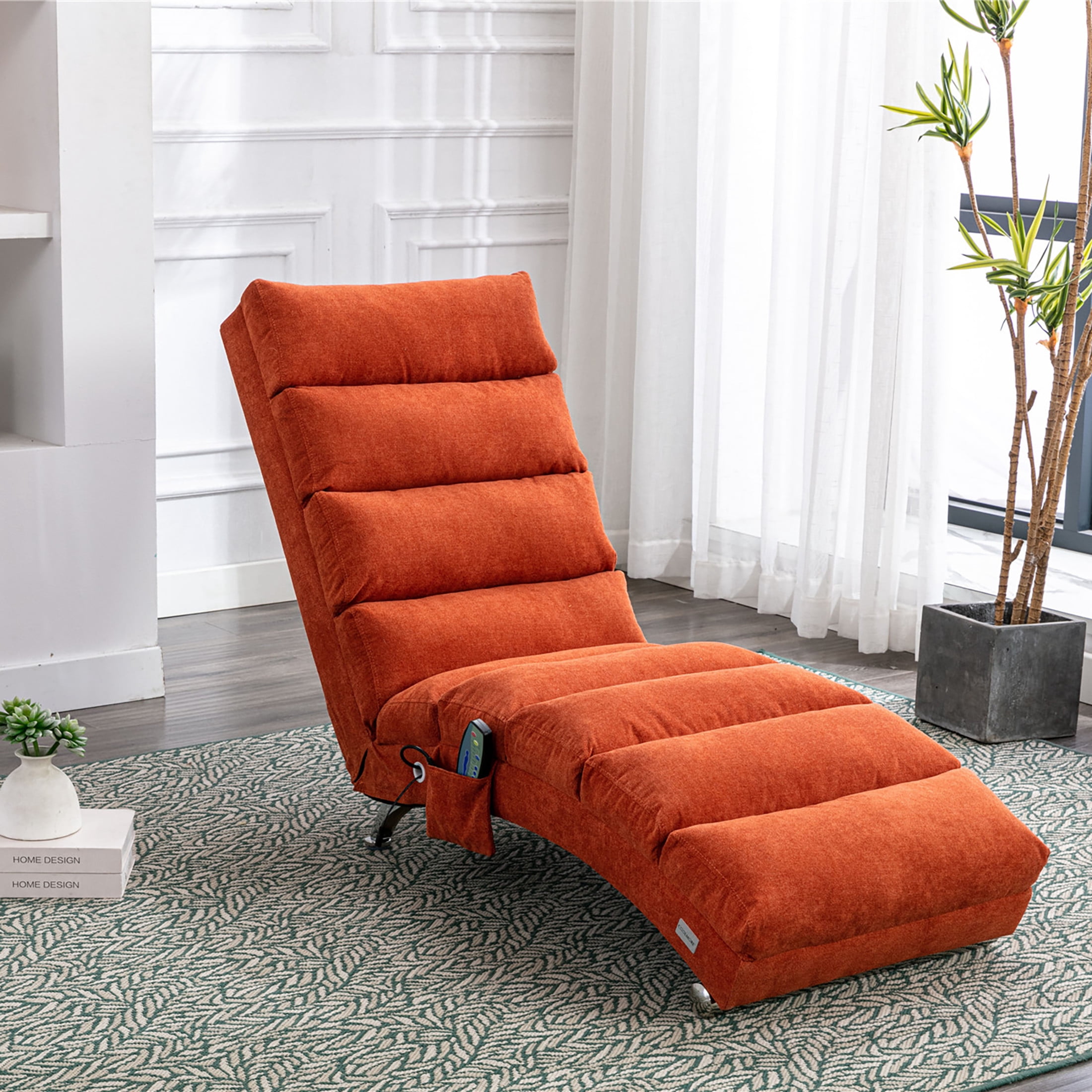Noble House Upholstered Chaise Lounge Chair with Vibration, Linen Fabric Leisure Recliner, Orange
