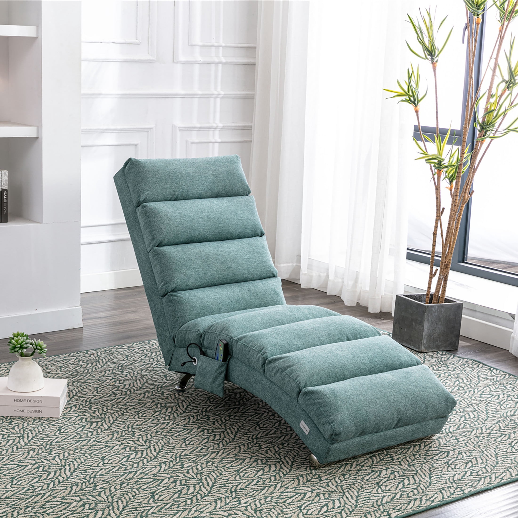 Noble House Upholstered Chaise Lounge Chair with Vibration, Linen Fabric Leisure Recliner, Teal