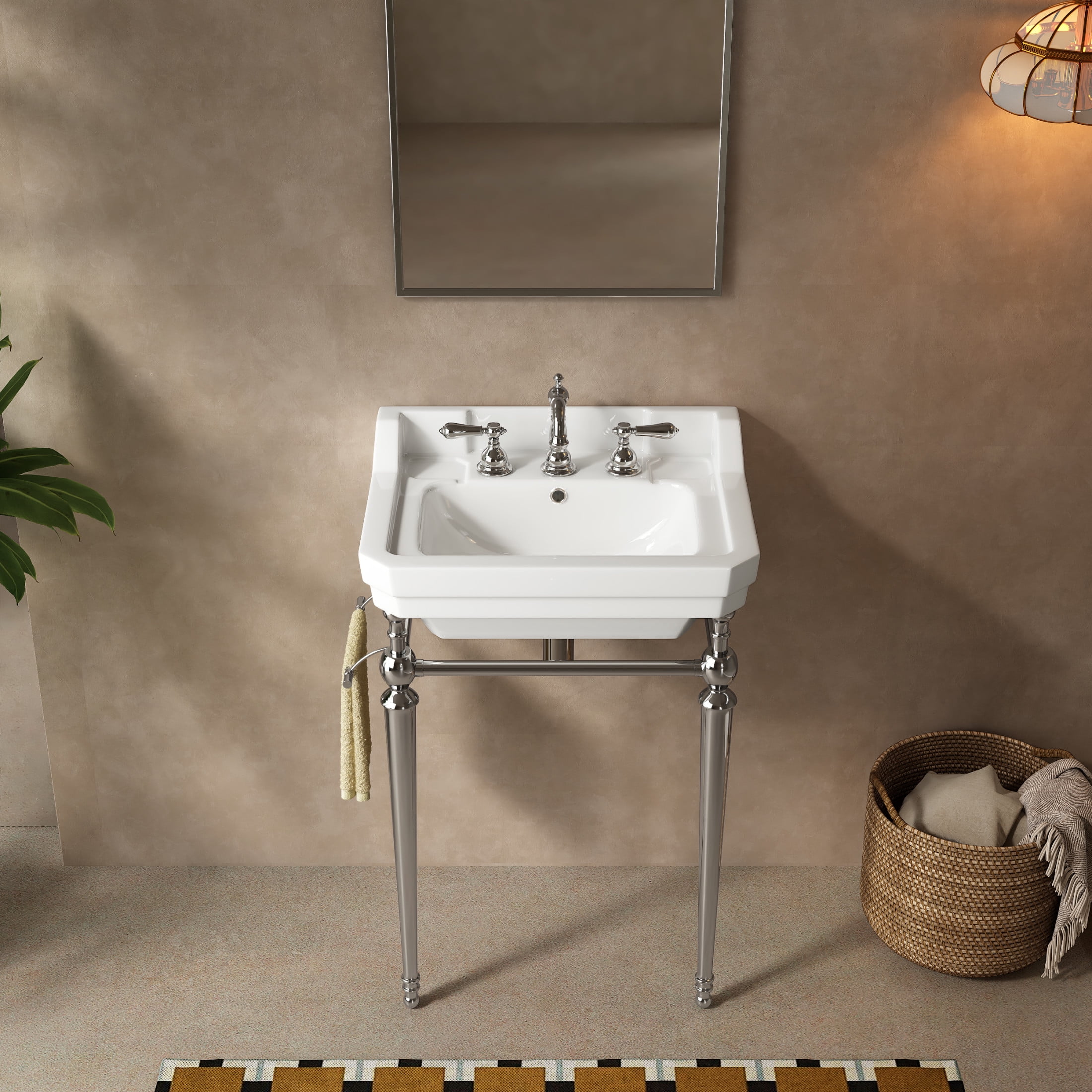 Noble House VICI 23" Bathroom Console Sink, Wall-Mounted Ceramic Basin Vanity with Stainless Steel Legs, White & Chrome