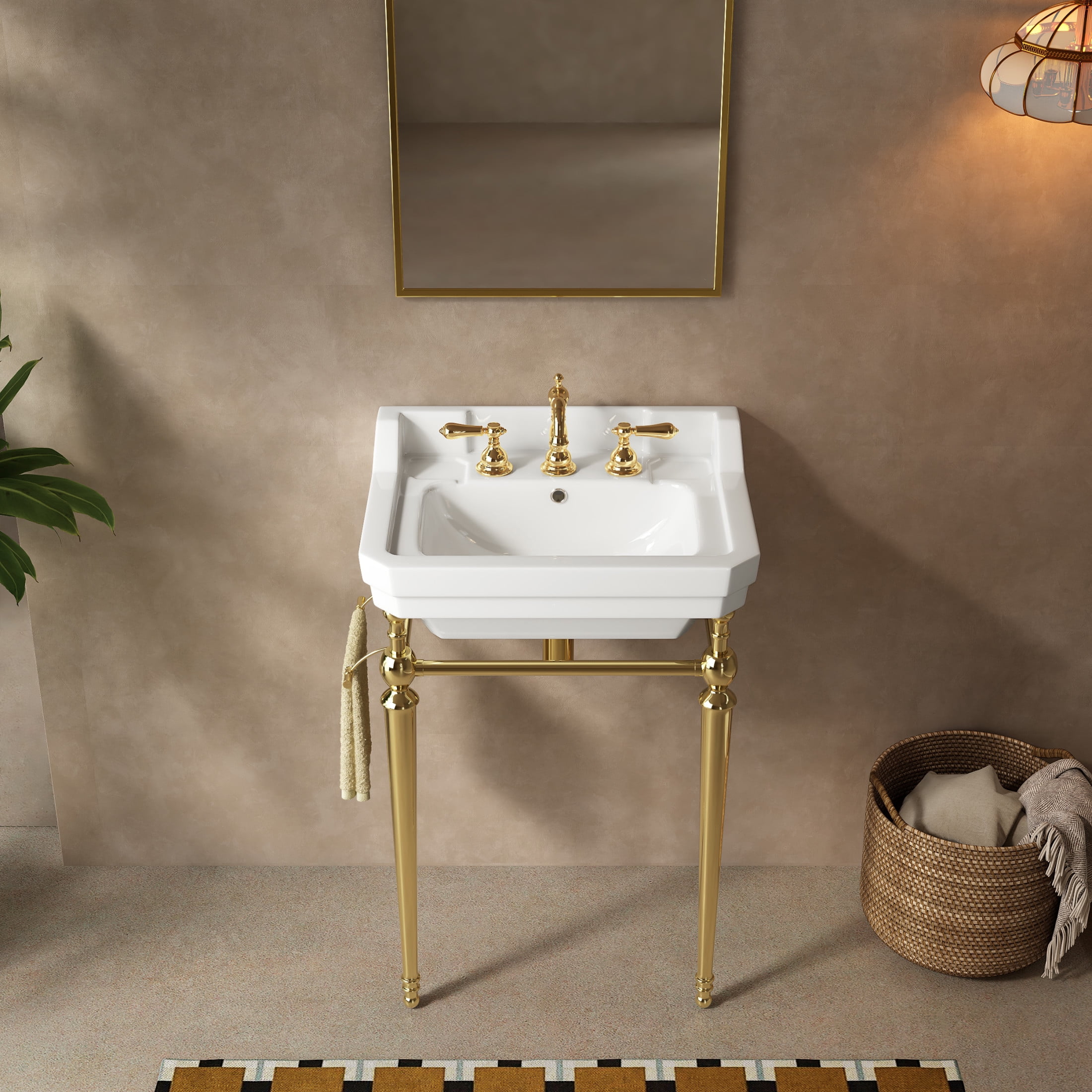 Noble House VICI 23" Bathroom Console Sink, Wall-Mounted Ceramic Basin Vanity with Stainless Steel Legs, White & Gold