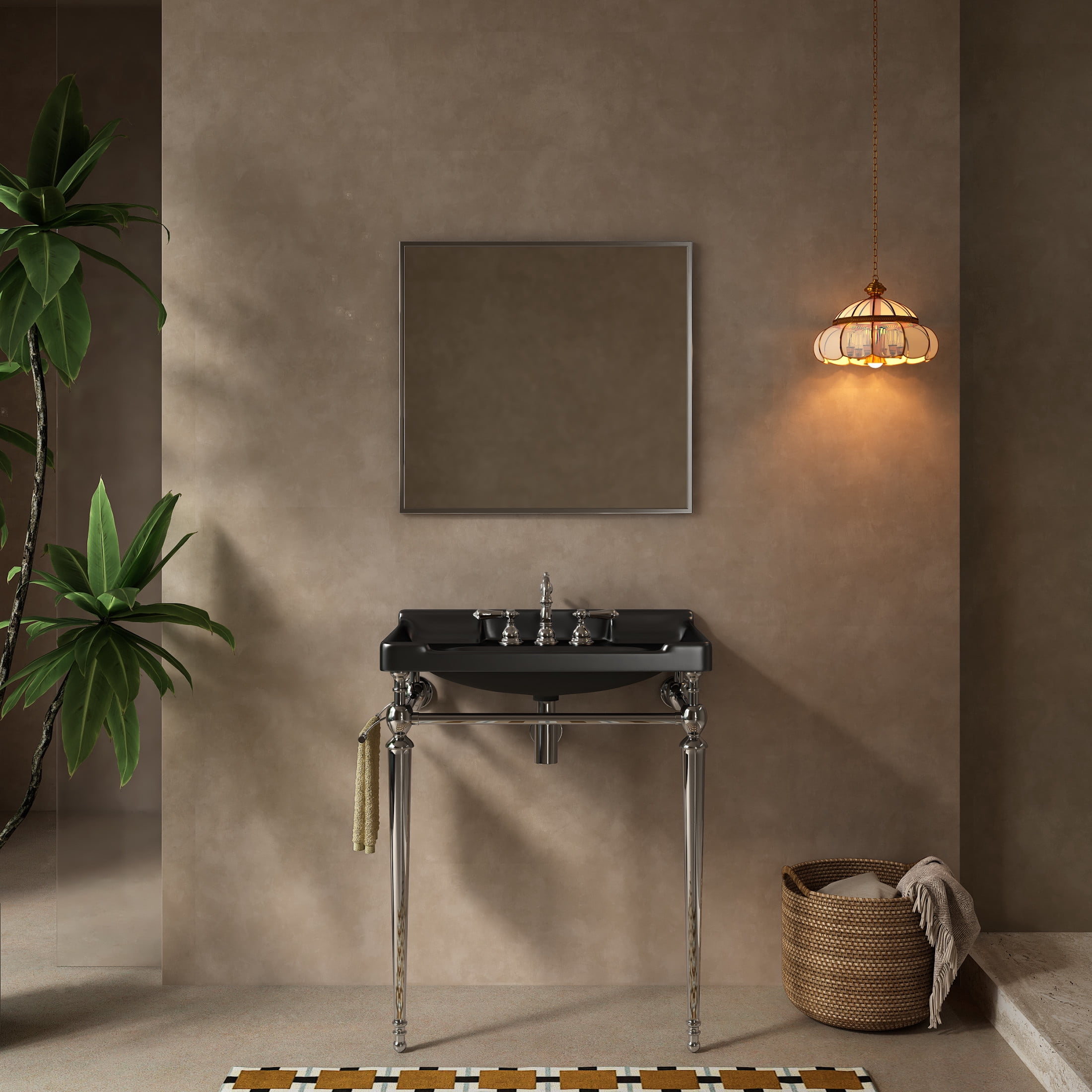 Noble House VICI 28" Bathroom Console Sink, Wall-Mounted Ceramic Basin Vanity with Stainless Steel Legs, Black & Chrome