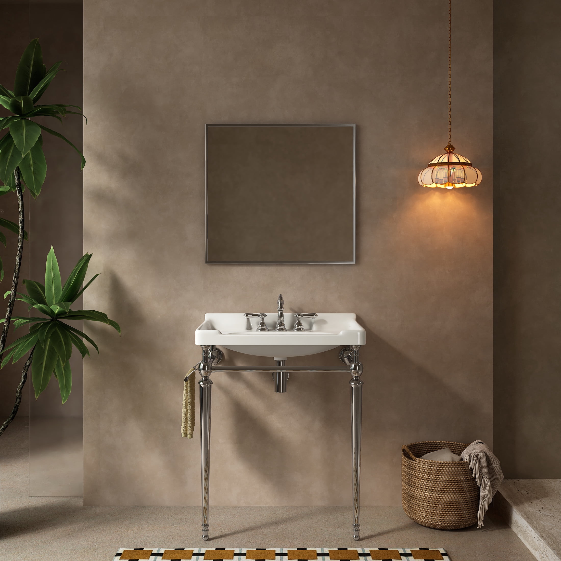 Noble House VICI 28" Bathroom Console Sink, Wall-Mounted Ceramic Basin Vanity with Stainless Steel Legs, White & Chrome