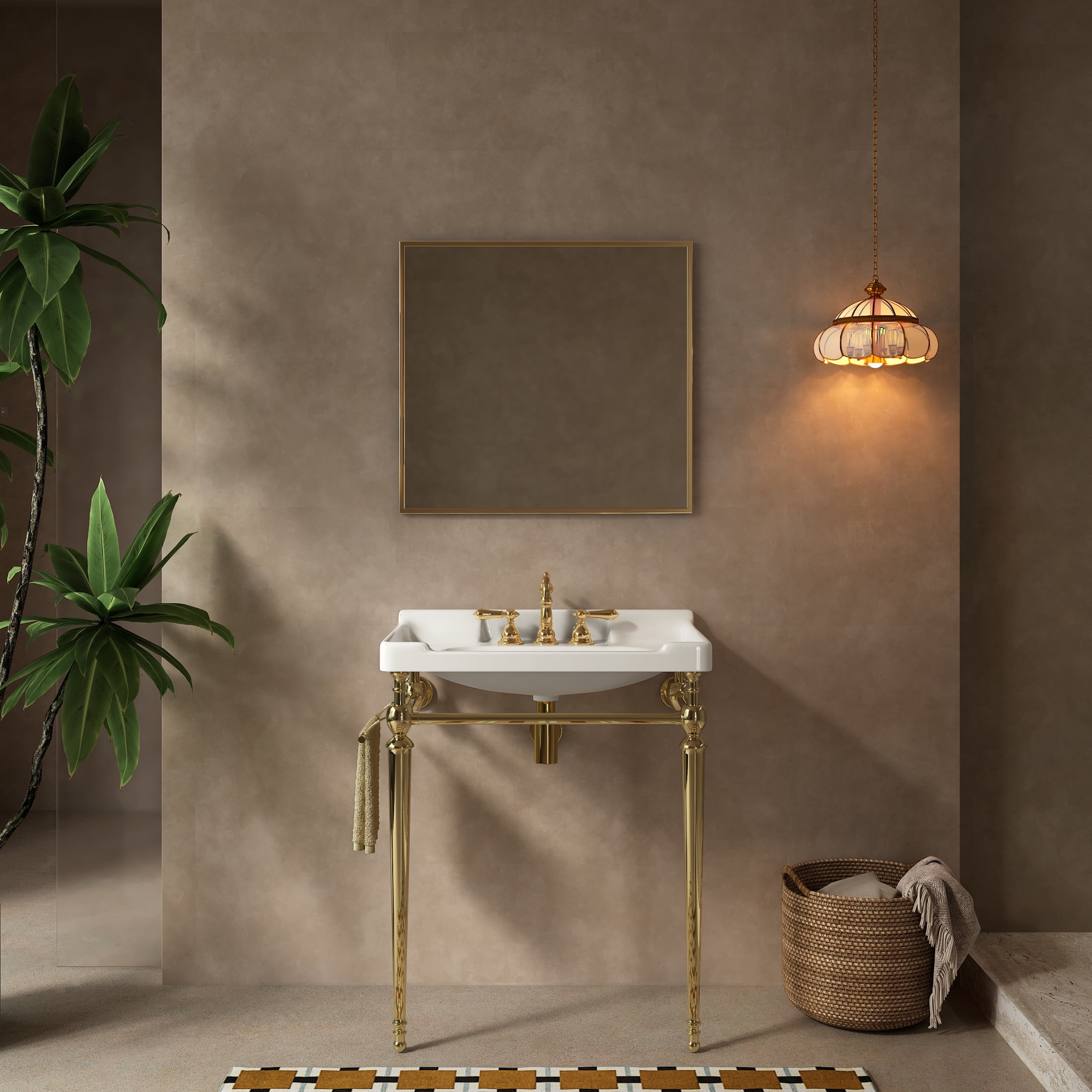 Noble House VICI 28" Bathroom Console Sink, Wall-Mounted Ceramic Basin Vanity with Stainless Steel Legs, White & Gold