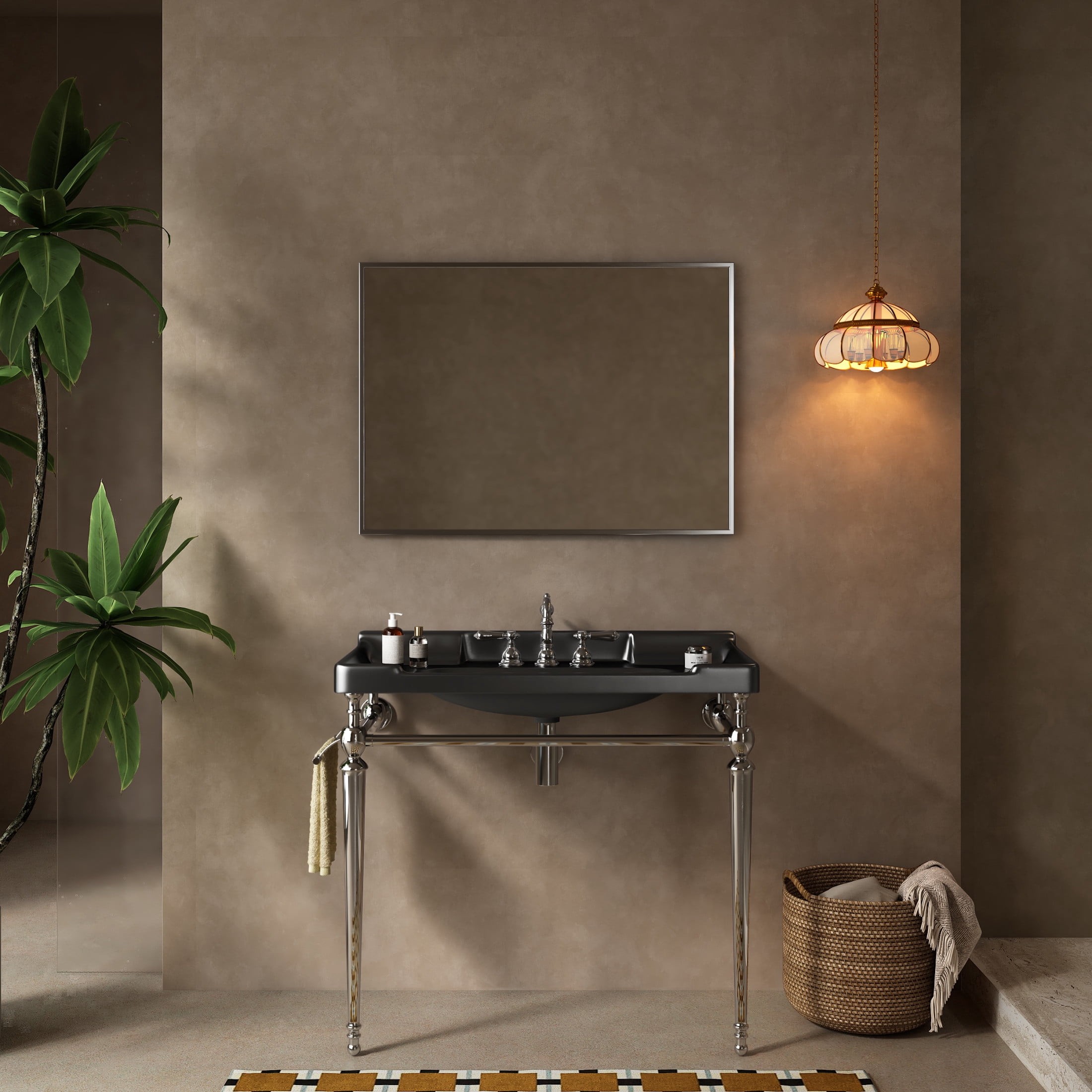 Noble House VICI 36" Bathroom Console Sink, Wall-Mounted Ceramic Basin Vanity with Stainless Steel Legs, Black & Chrome