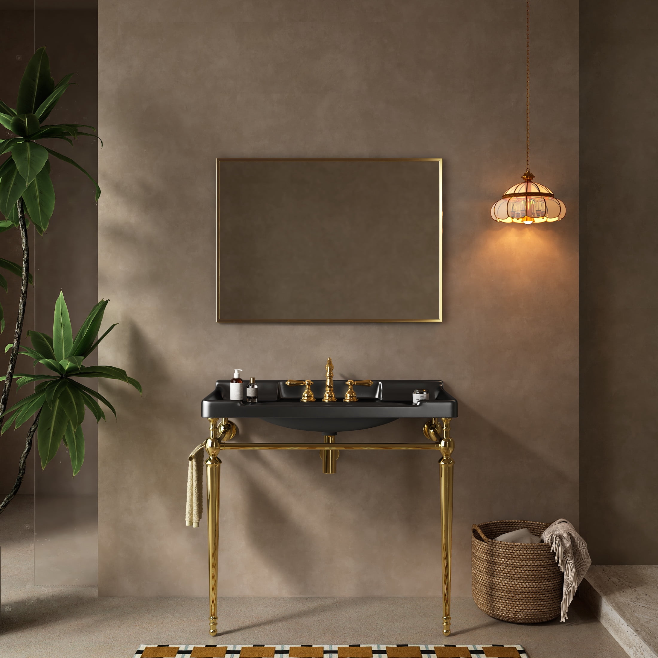Noble House VICI 36" Bathroom Console Sink, Wall-Mounted Ceramic Basin Vanity with Stainless Steel Legs, Black & Gold