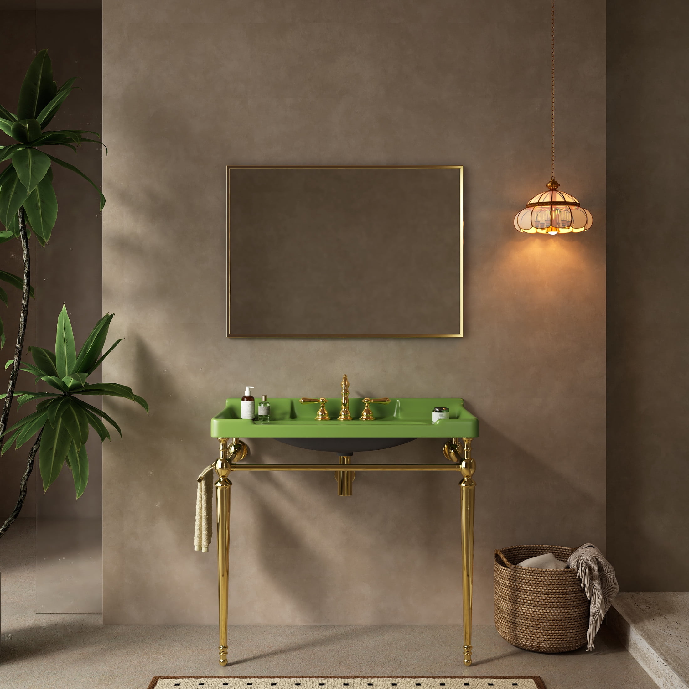 Noble House VICI 36" Bathroom Console Sink, Wall-Mounted Ceramic Basin Vanity with Stainless Steel Legs, Green & Gold