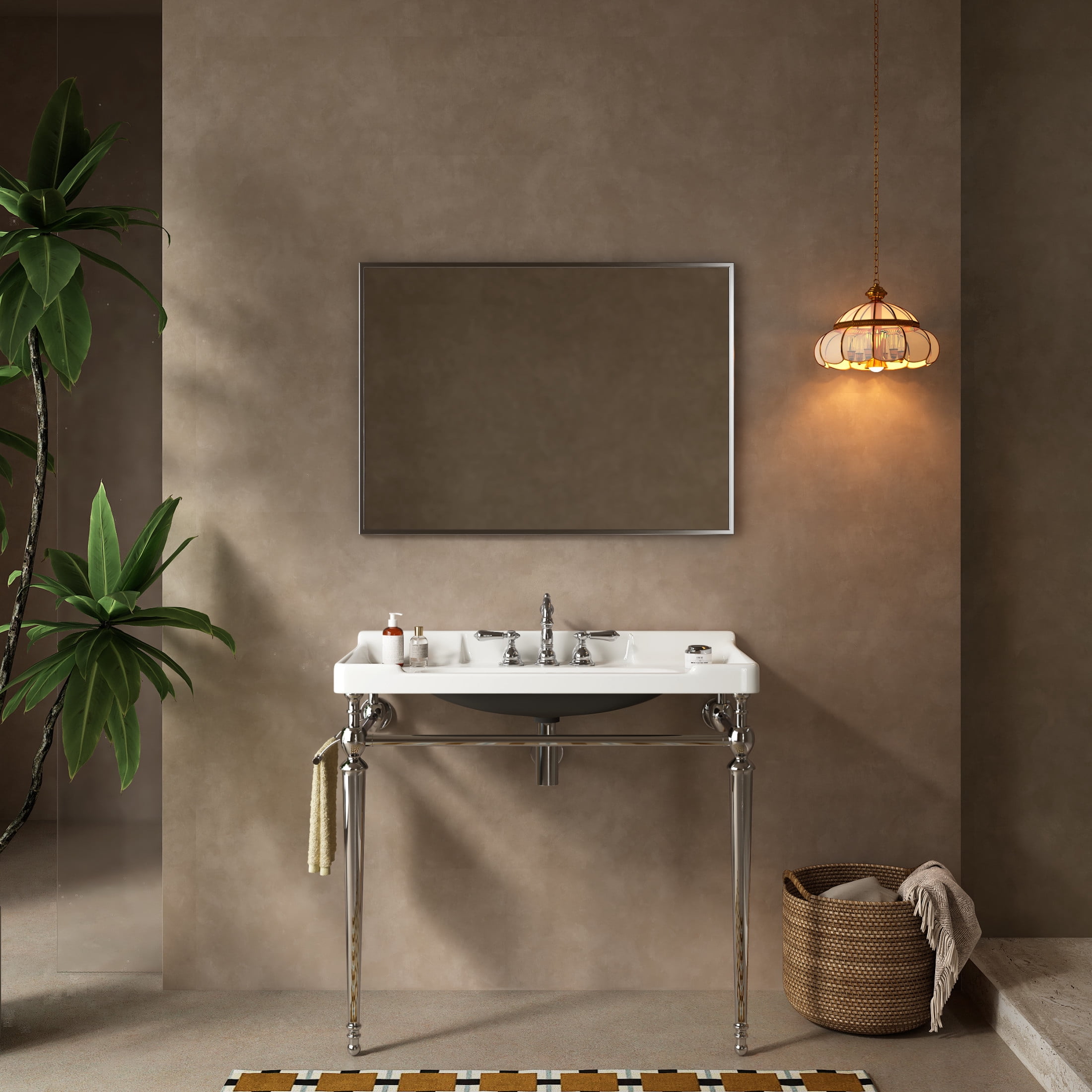 Noble House VICI 36" Bathroom Console Sink, Wall-Mounted Ceramic Basin Vanity with Stainless Steel Legs, White & Chrome