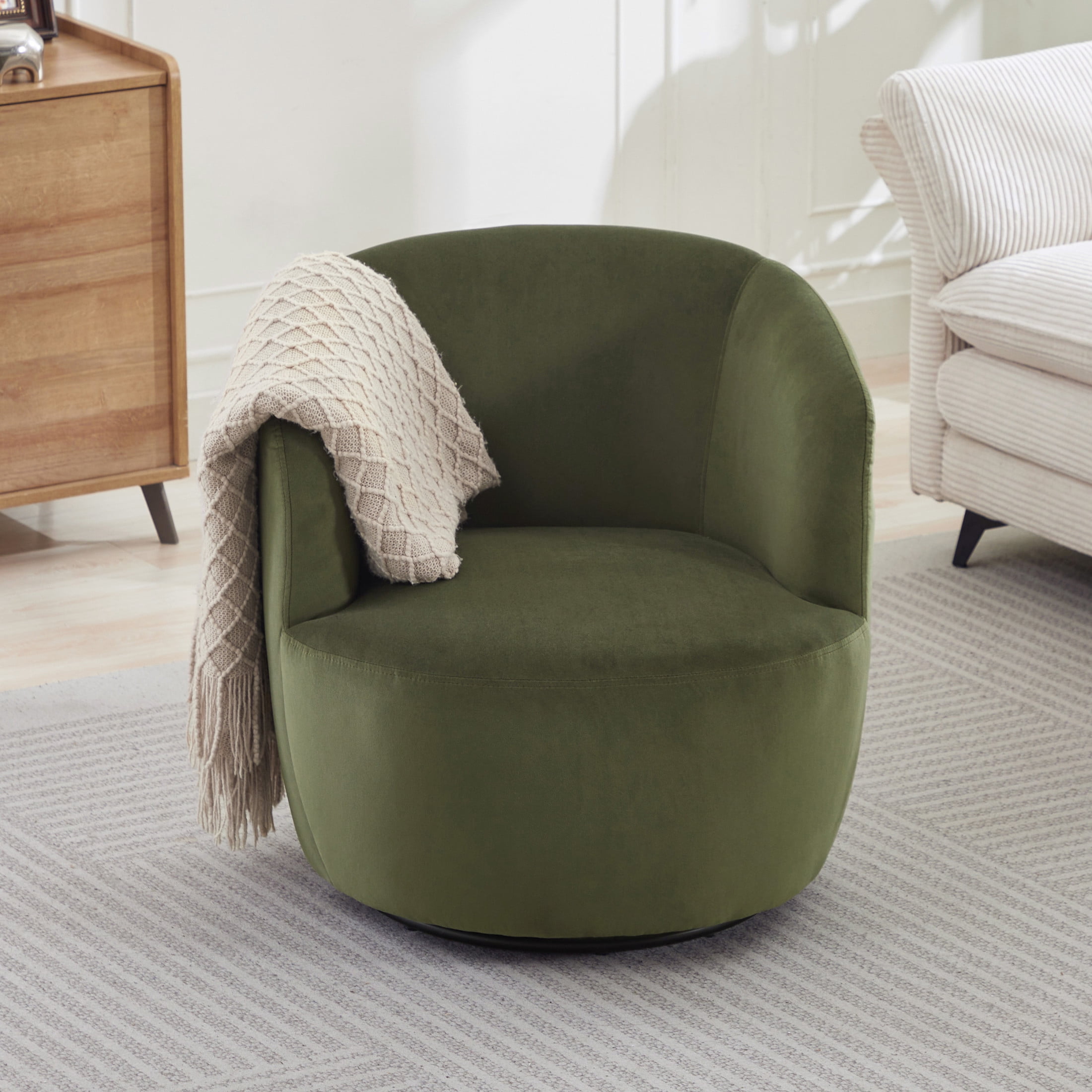 Noble House Valda Upholstered Velvet Barrel Chair, Swivel Reading Lounge Armchair with Metal Base for Bedroom, Green
