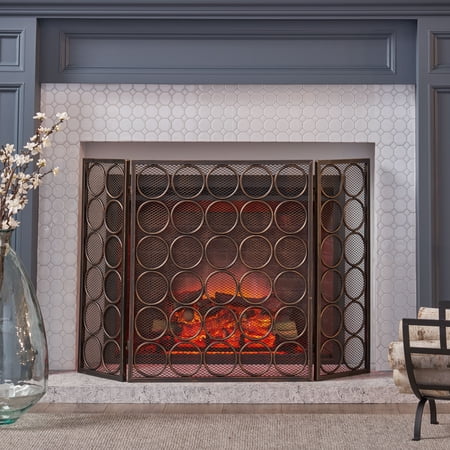 Noble House Valentin Modern Three Panel Iron Firescreen, Black Gold Finish