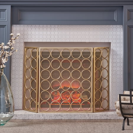 Noble House Valentin Modern Three Panel Iron Firescreen, Gold Finish
