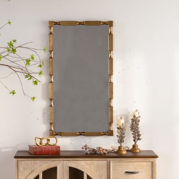 Noble House Valmont Bamboo Rectangular Wall Mirror, Textured Modern Frame for Entryway, Living Room, Gold