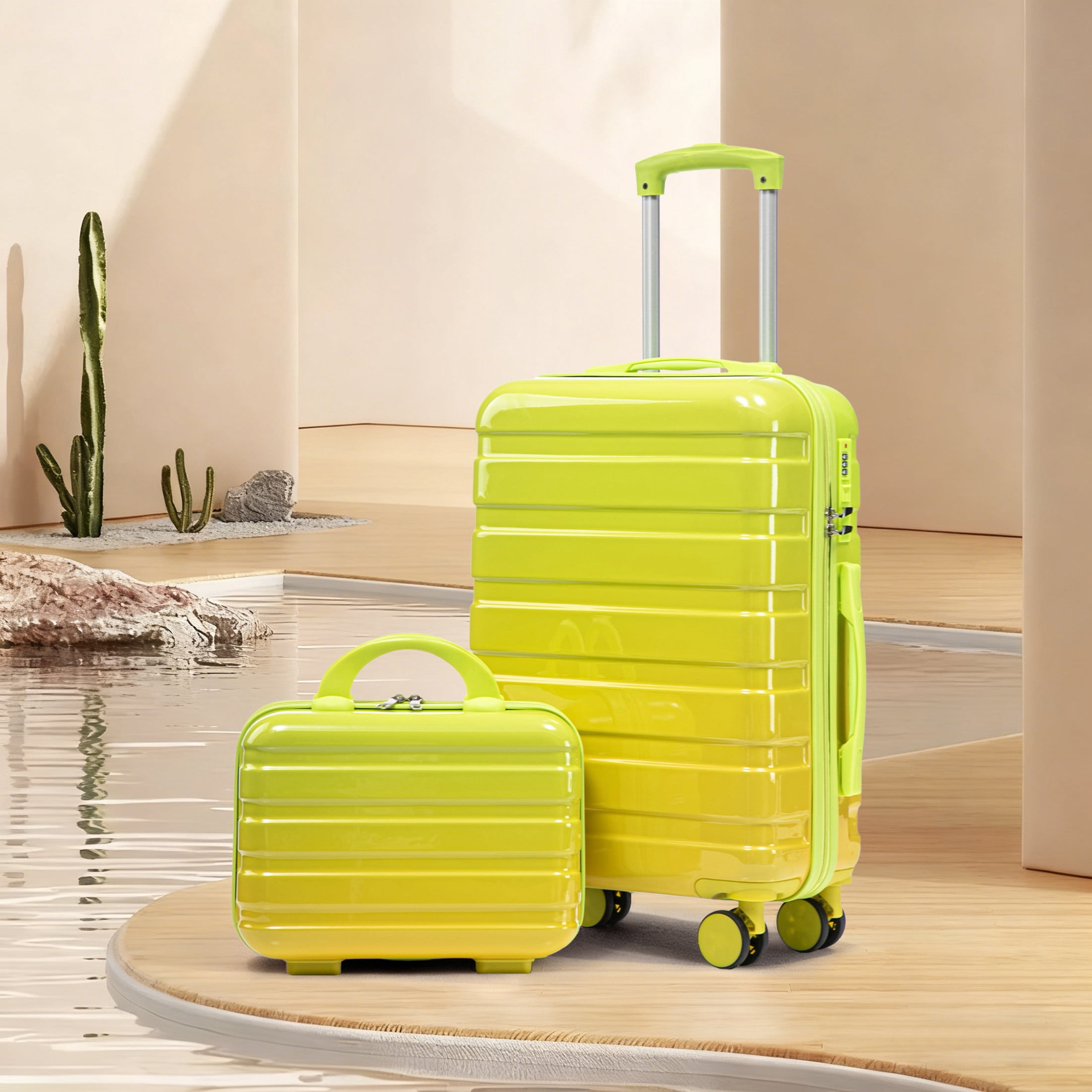 Noble House Vance 20"/14" Hardshell Spinner Luggage Set, Carry-On Suitcase and Cosmetic Case, Green & Yellow, Set of 2