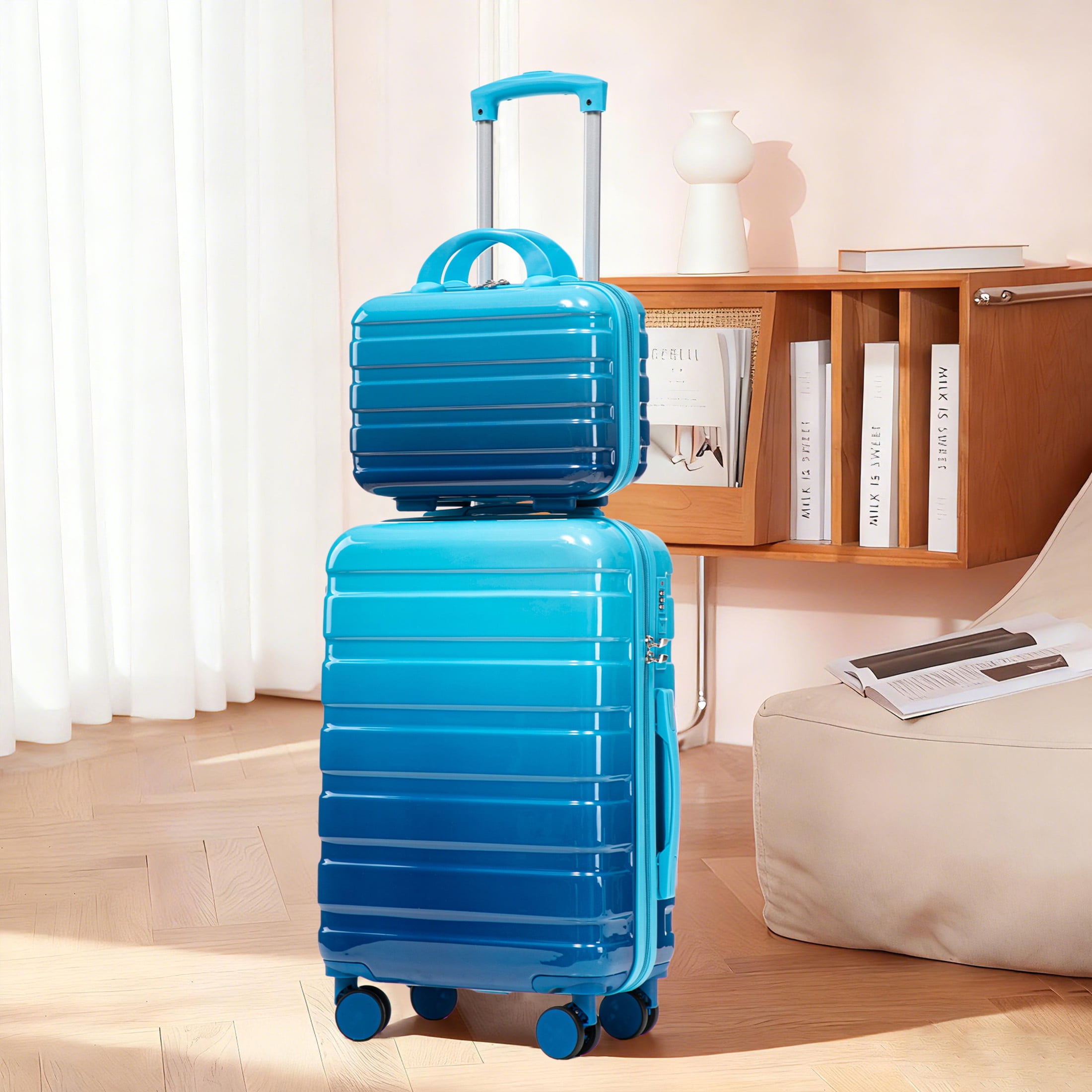 Noble House Vance 20"/14" Hardshell Spinner Luggage Set, Carry-On Suitcase and Cosmetic Case, Navy & Light Blue, Set of 2
