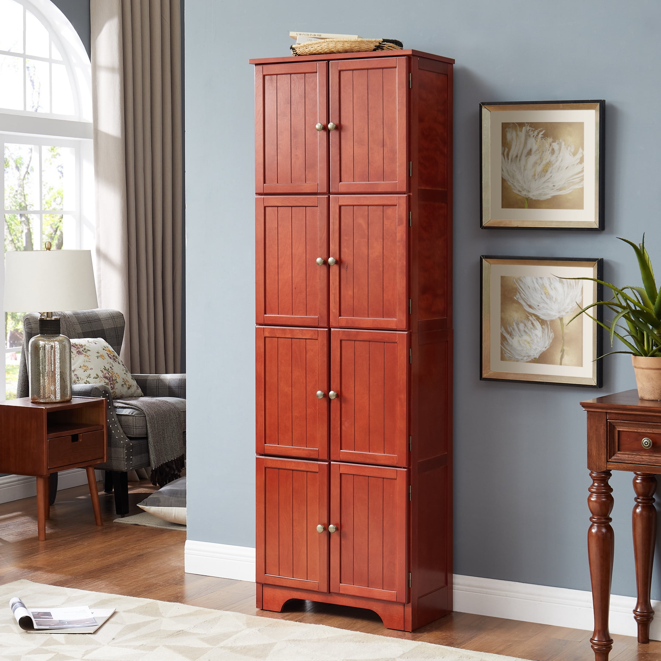 Noble House Vandal 72.4" Tall Storage Cabinet, 8-Door Freestanding Pantry Bookshelf with Shelves, Kitchen, Cherry