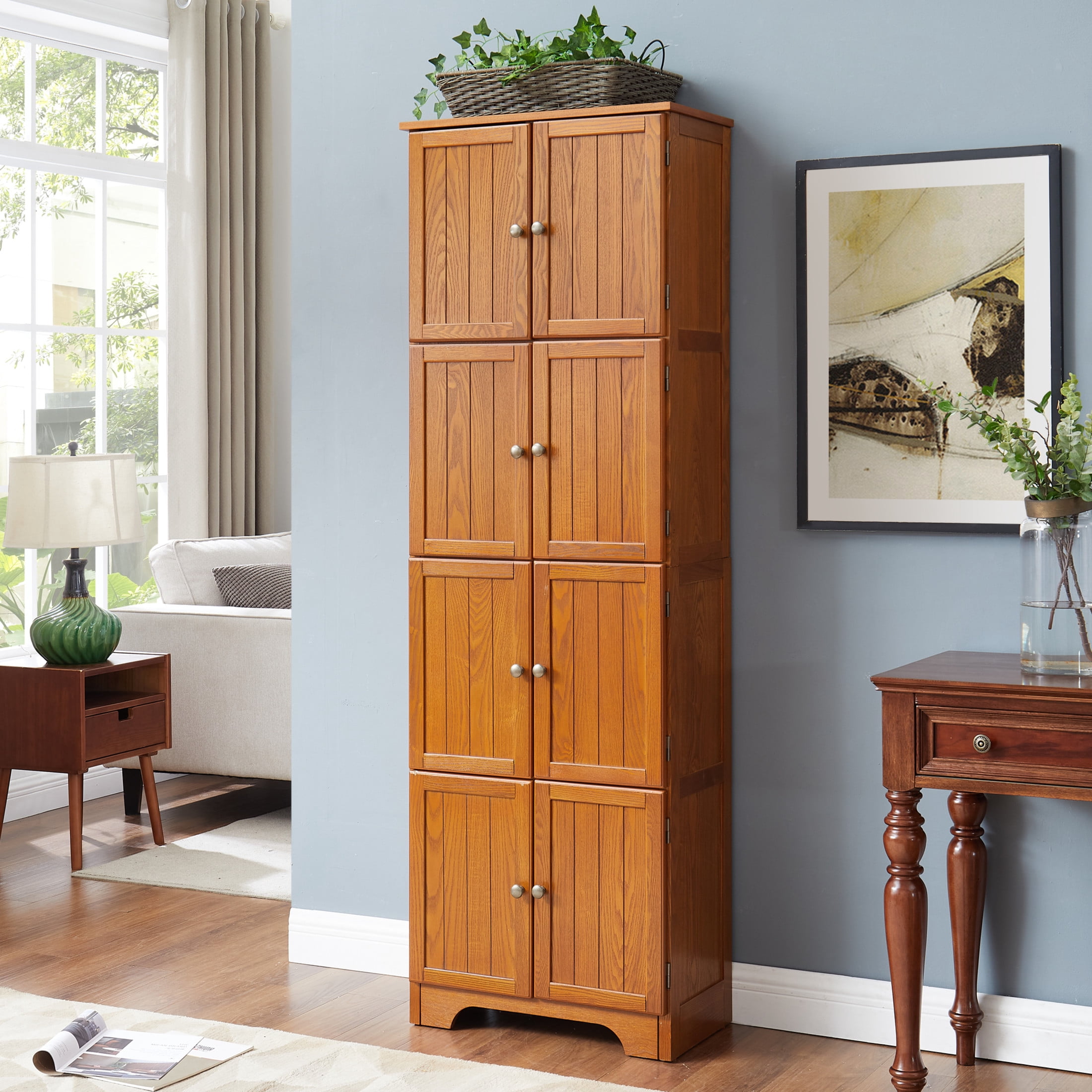 Noble House Vandal 72.4" Tall Storage Cabinet, 8-Door Freestanding Pantry Bookshelf with Shelves, Kitchen, Oak