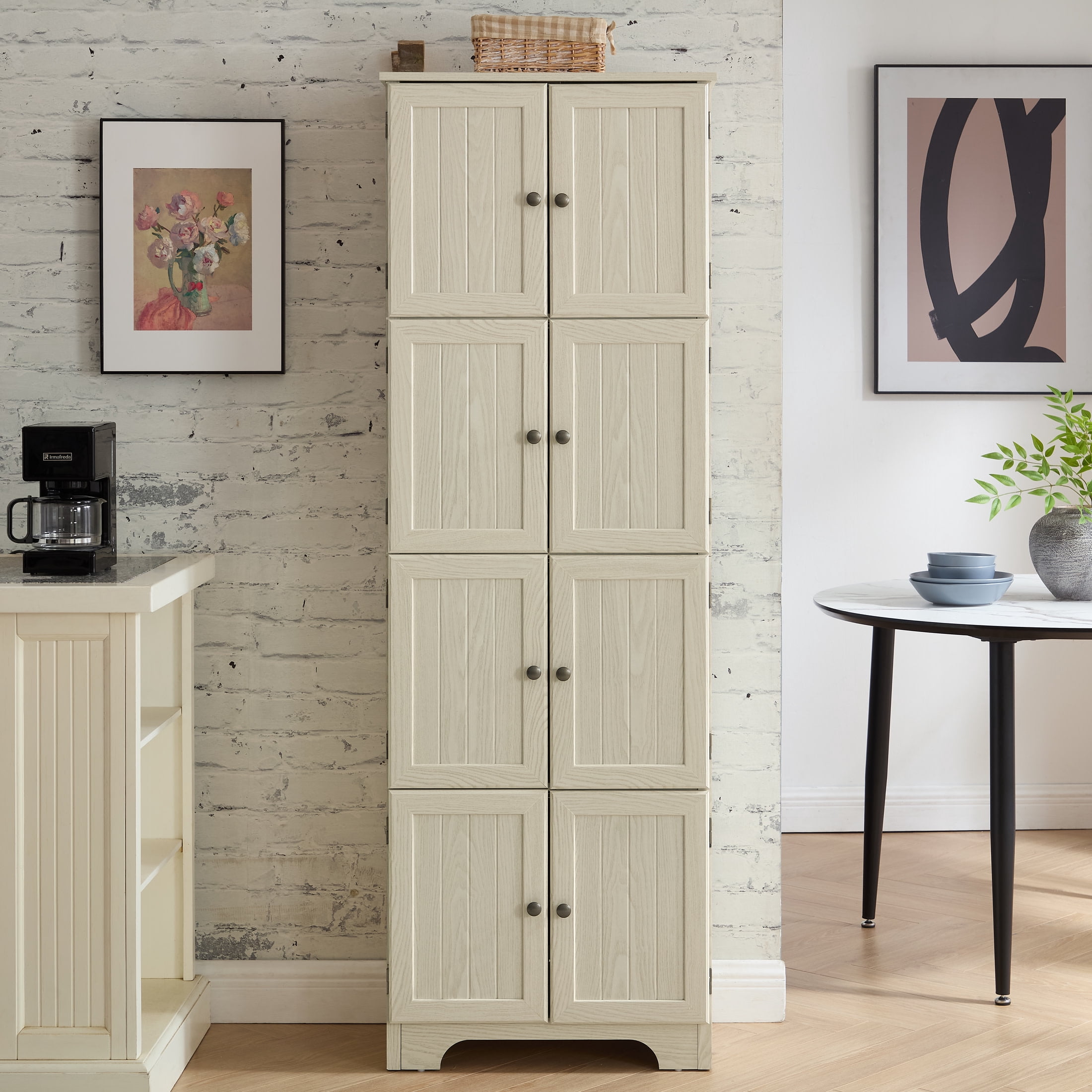 Noble House Vandal 72.4" Tall Storage Cabinet, 8-Door Freestanding Pantry Bookshelf with Shelves, Kitchen, White
