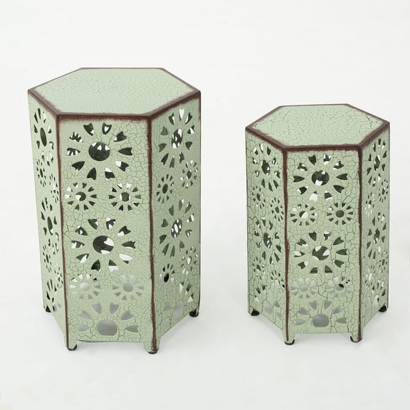 Noble House Vania 12 Inch and 14 Inch Sunburst Iron Side Table Set, Crackle Green
