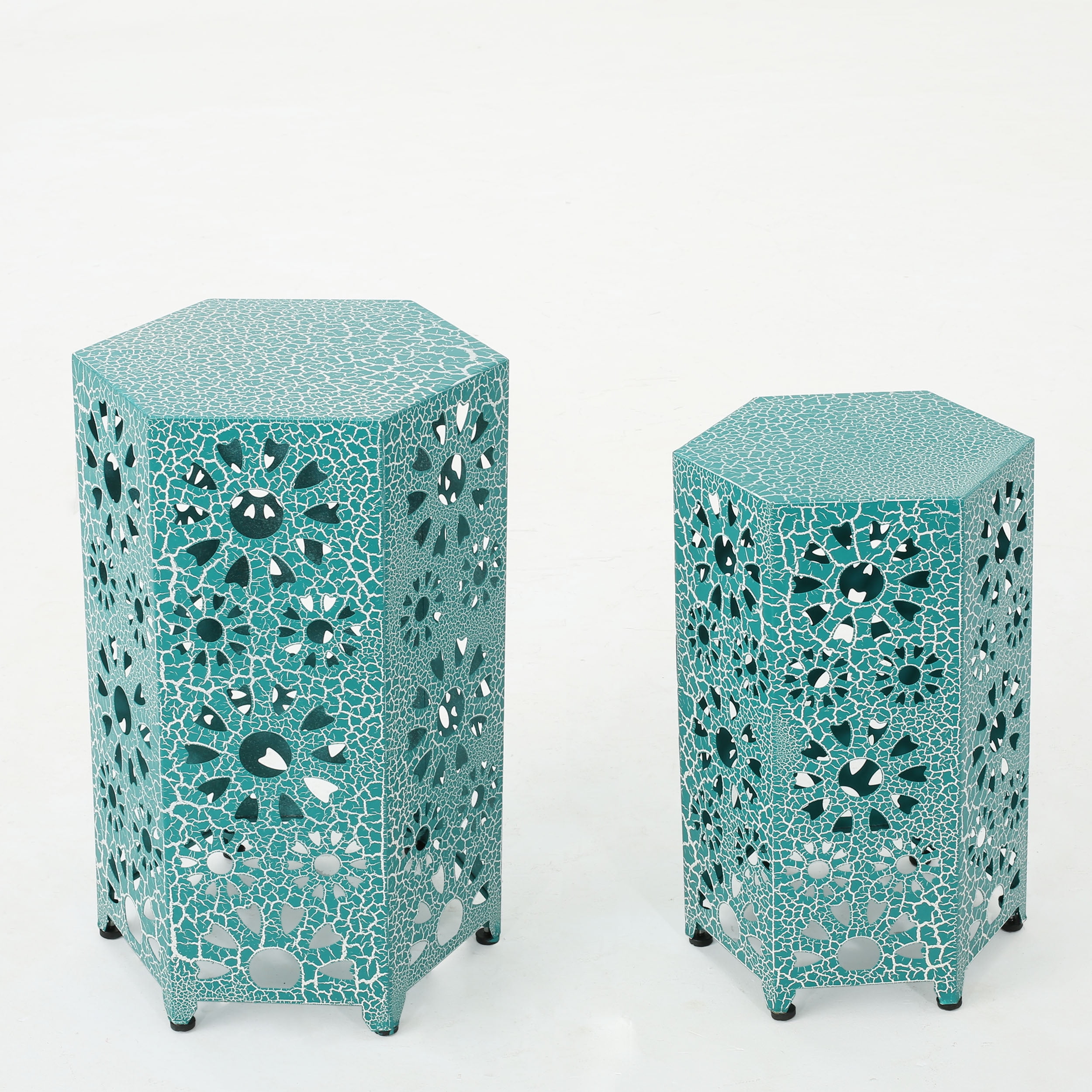 Noble House Vania Indoor 12 Inch and 14 Inch Sunburst Iron Side Table Set, Crackle Teal