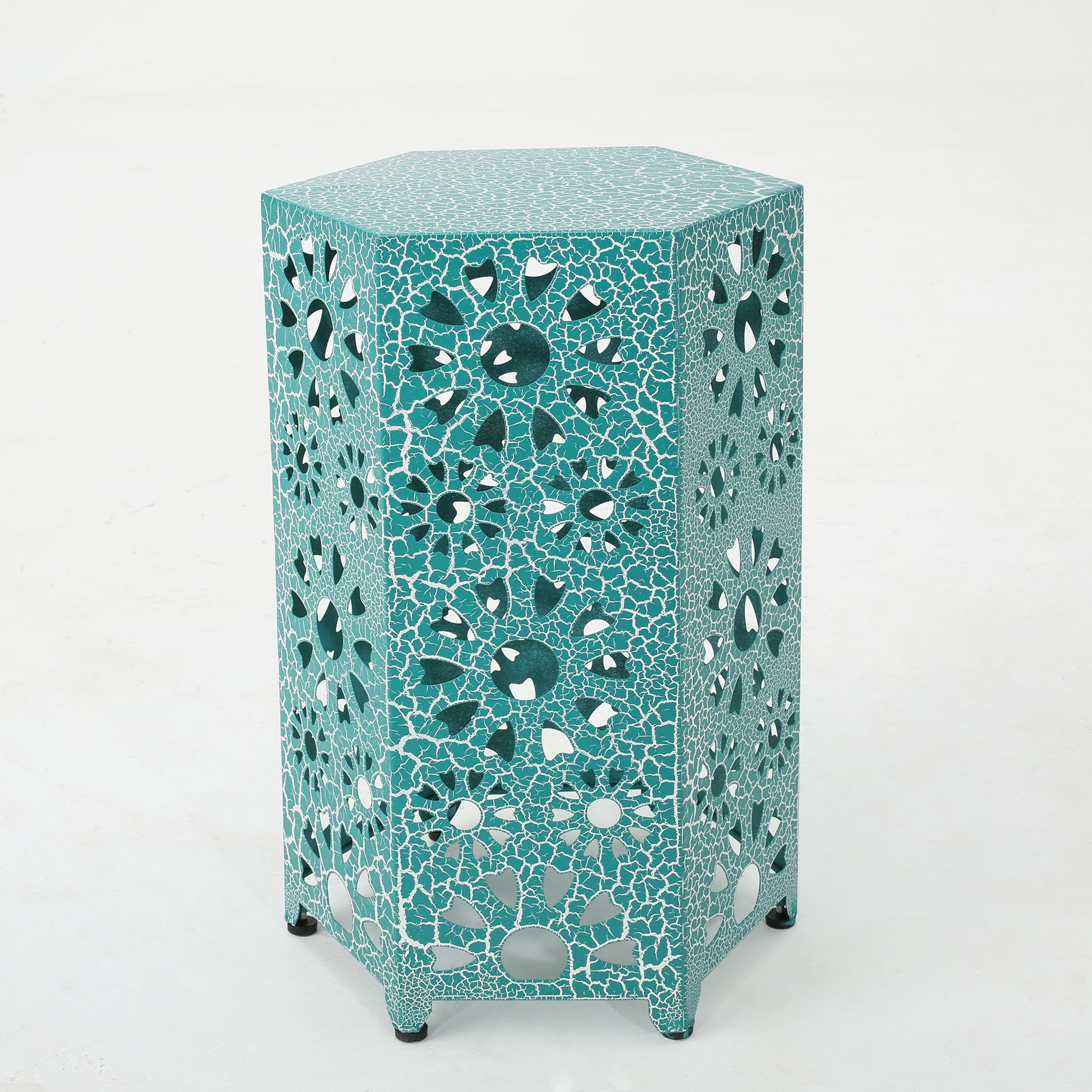 Noble House Vania Indoor 14 inch Sunburst Iron Side Table, Crackle Teal