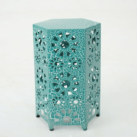 Noble House Vania Indoor 14 inch Sunburst Iron Side Table, Crackle Teal
