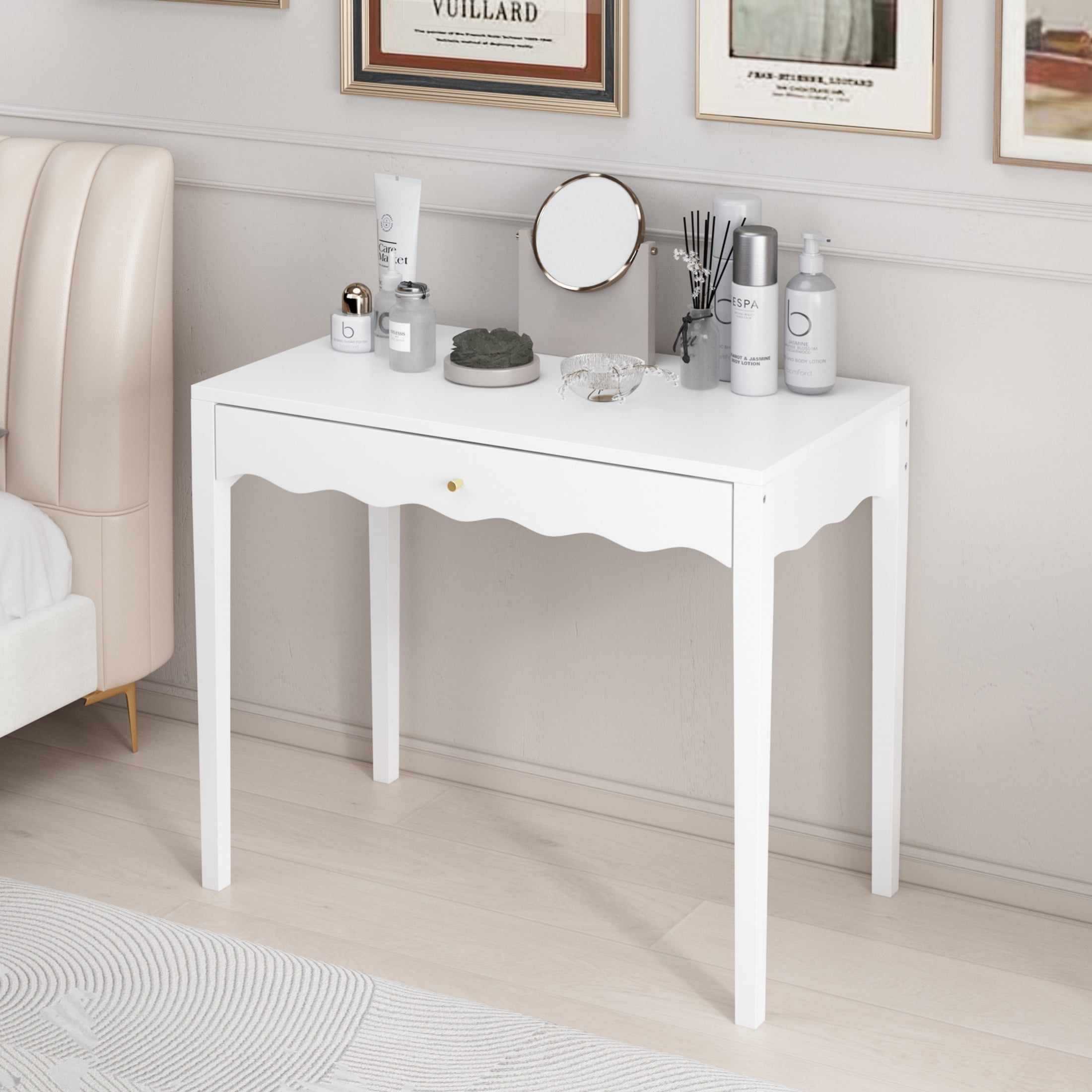 Noble House Vanity Desk with Drawer, Modern Makeup Table with Scalloped Wave Front, Small Space, White