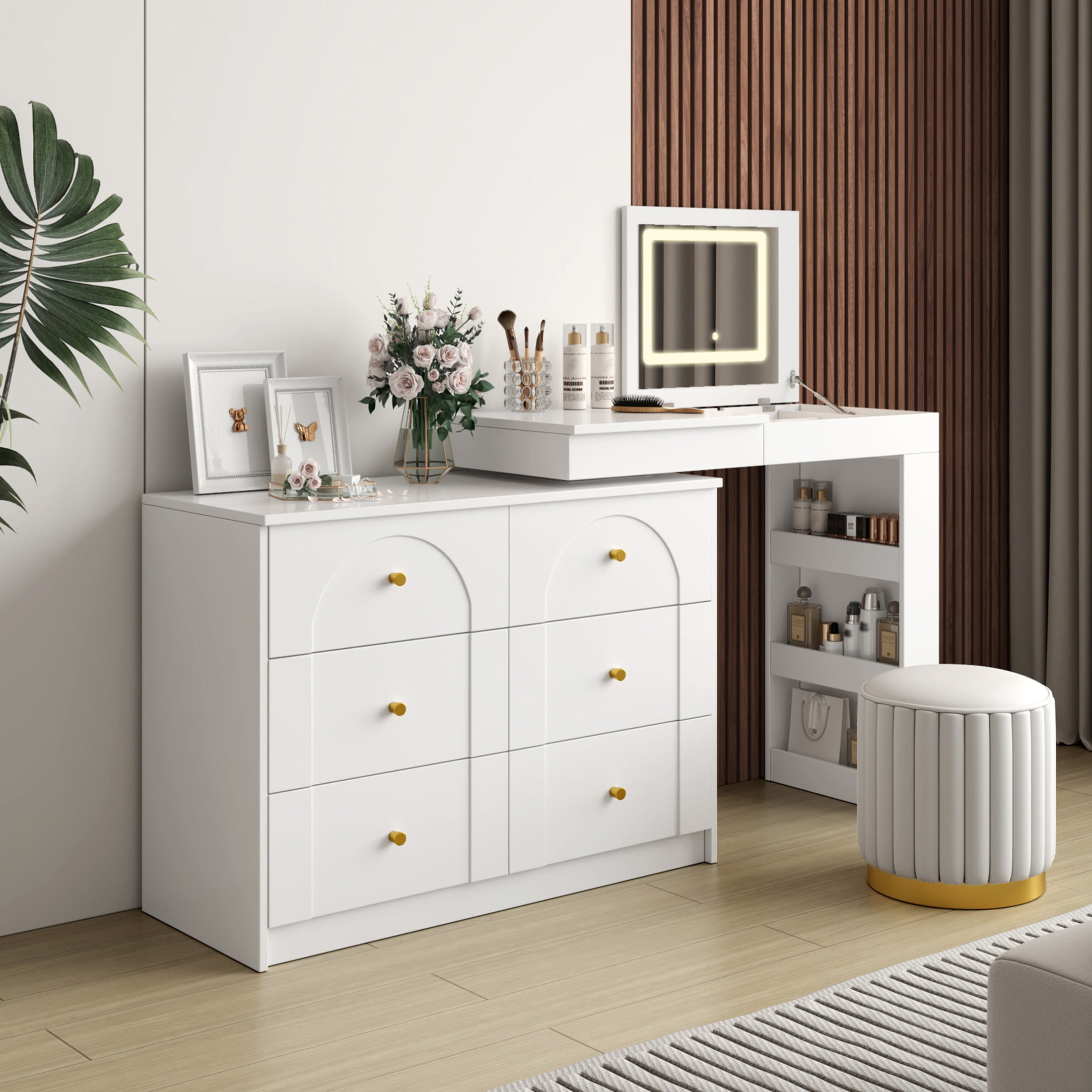 Noble House Vanity Desk with Mirror and Lights, Flip-Top Makeup Table with 7 Drawers, 9 Compartments,White
