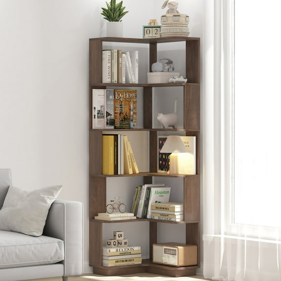 Noble House Vayen 65" L-Shaped Corner Bookshelf, 6-Tier Anti-Drop Wooden Bookcase, Open Storage Rack, Dark Brown