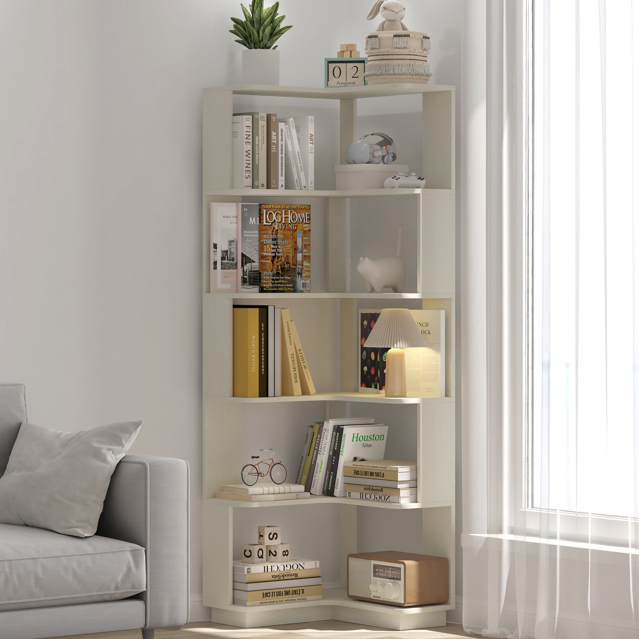 Noble House Vayen 65" L-Shaped Corner Bookshelf, 6-Tier Anti-Drop Wooden Bookcase, Open Storage Rack, White Oak