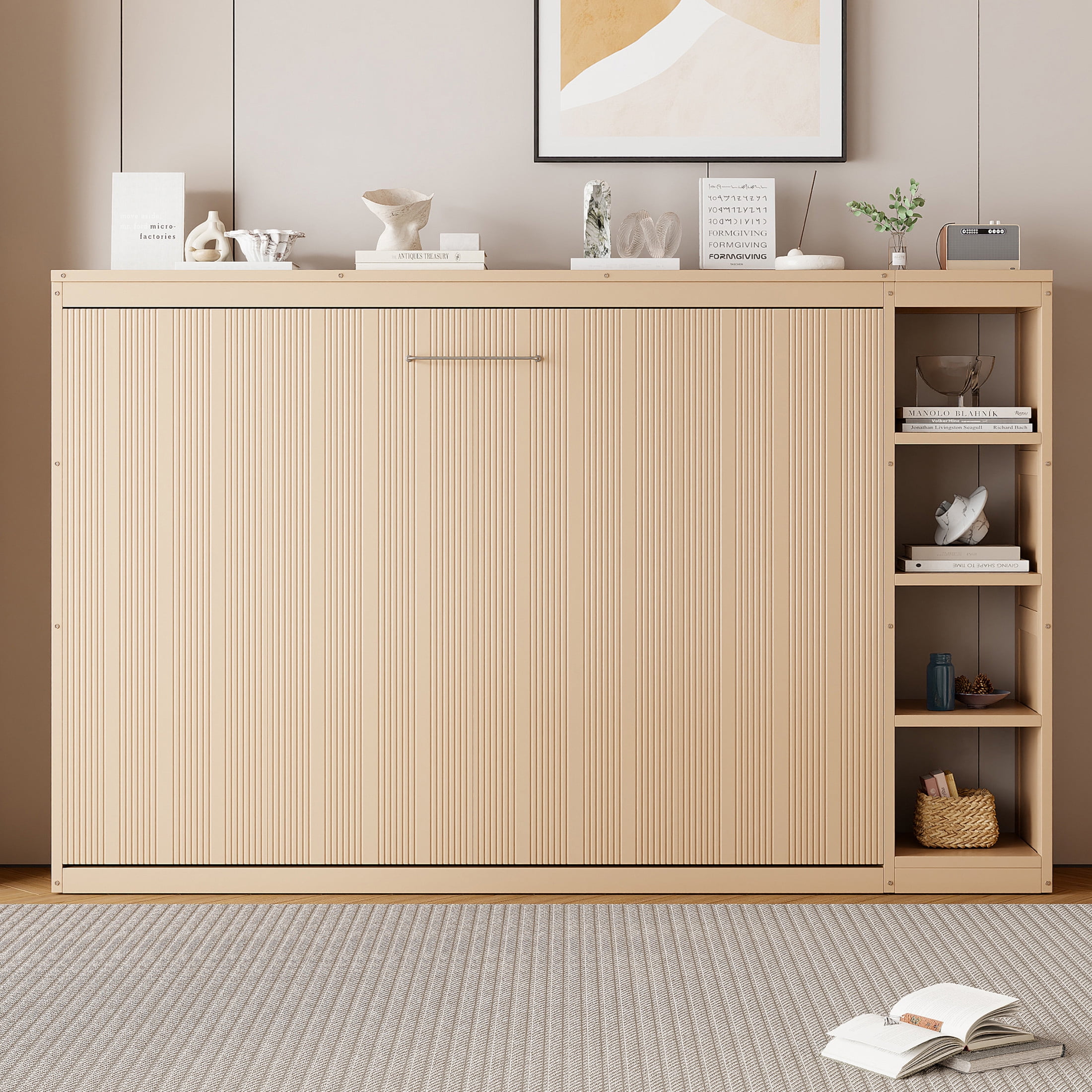 Noble House Vayen Full Size Murphy Bed with Integrated Bookshelf, Wood Wall Bed Cabinet, Space-Saving Design, Natural