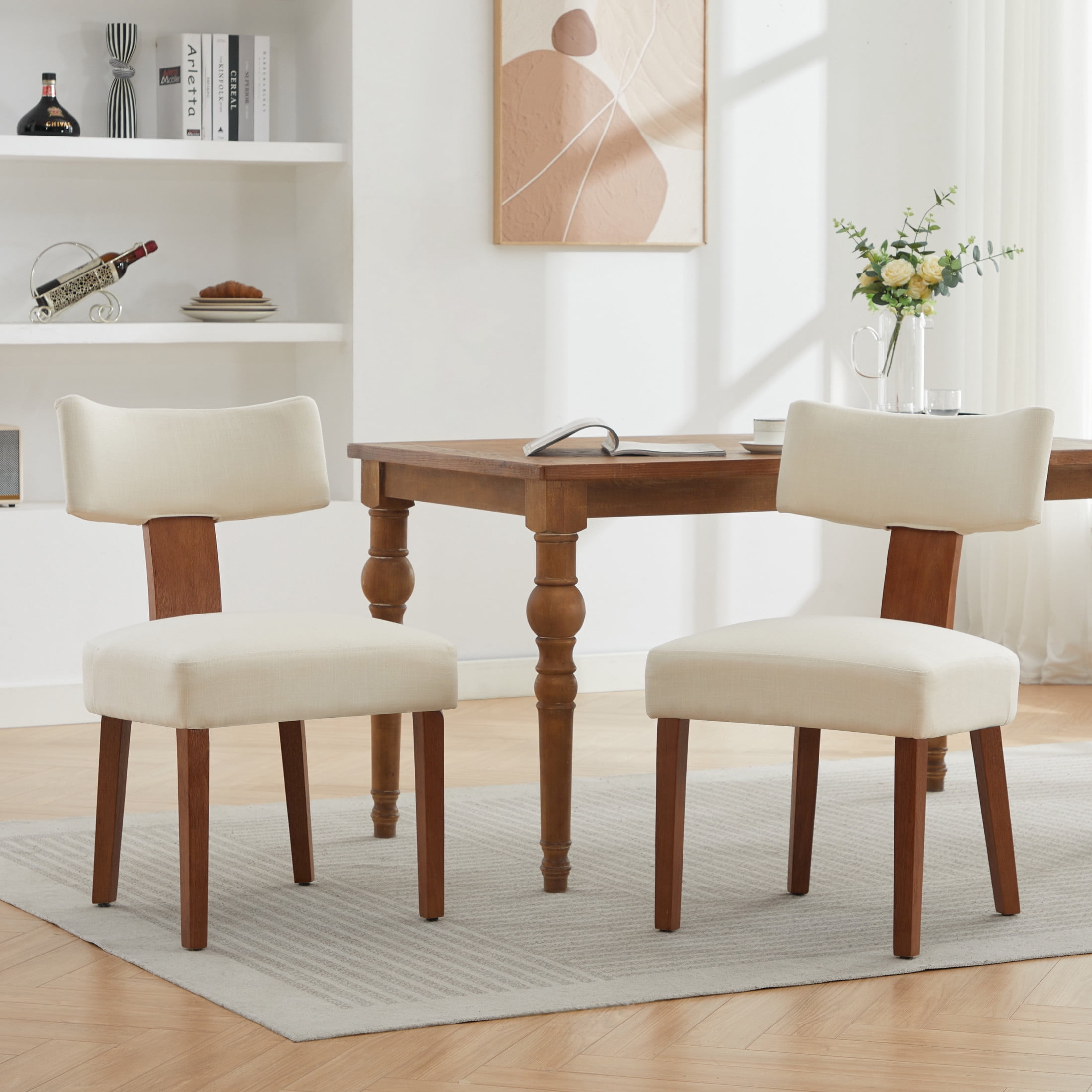 Noble House Veltria Modern Linen Upholstered Dining Chairs with Curved Back, Rubber Wood Legs, Beige, Set of 2