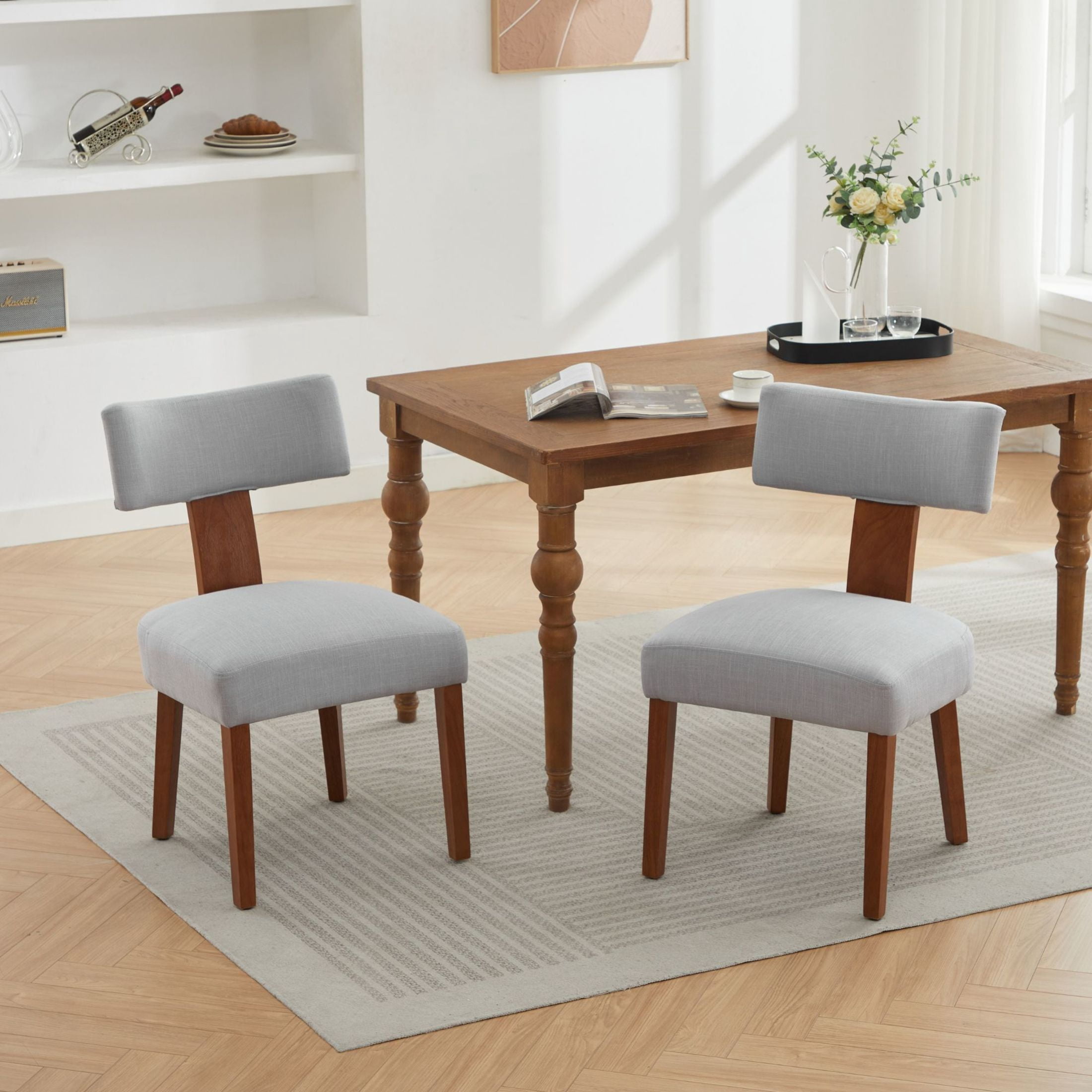 Noble House Veltria Modern Linen Upholstered Dining Chairs with Curved Back, Rubber Wood Legs, Gray, Set of 2