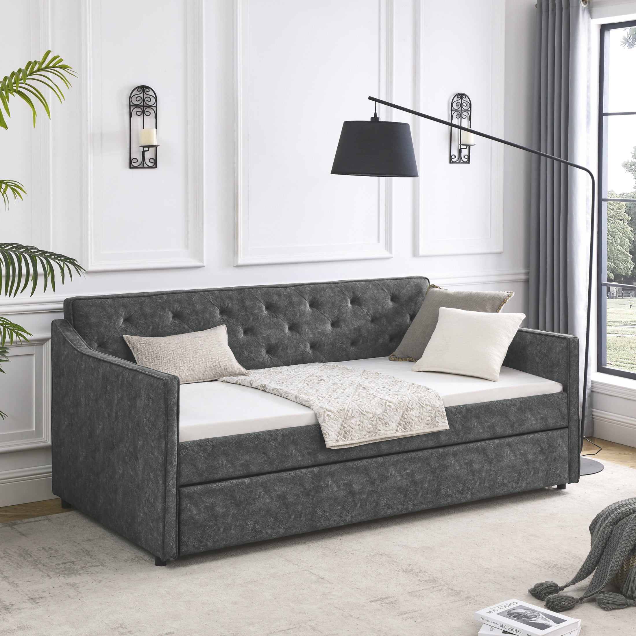 Noble House Veltria Twin Size Daybed, Upholstered Tufted Sofa Bed with Rolling Hidden Trundle, Waved Shape Arms, Gray