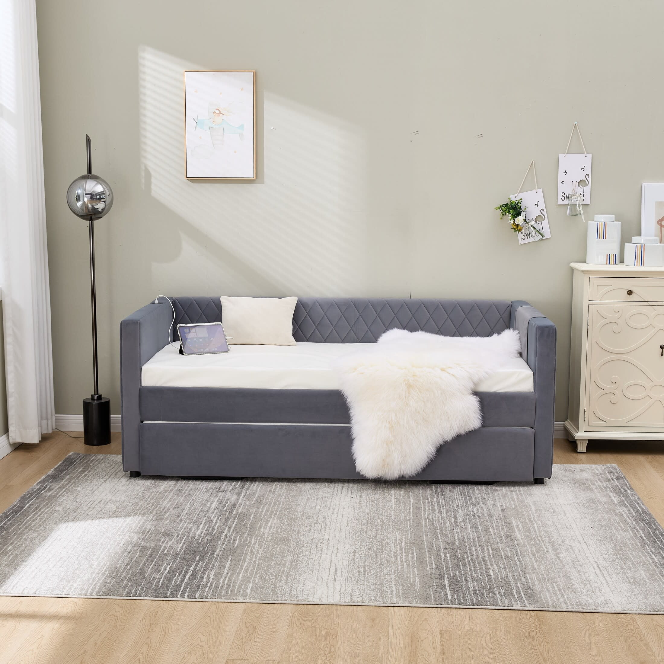 Noble House Velvet Daybed with Trundle, Wooden Frame and Diamond Grid Upholstery, Modern Living Room, Gray